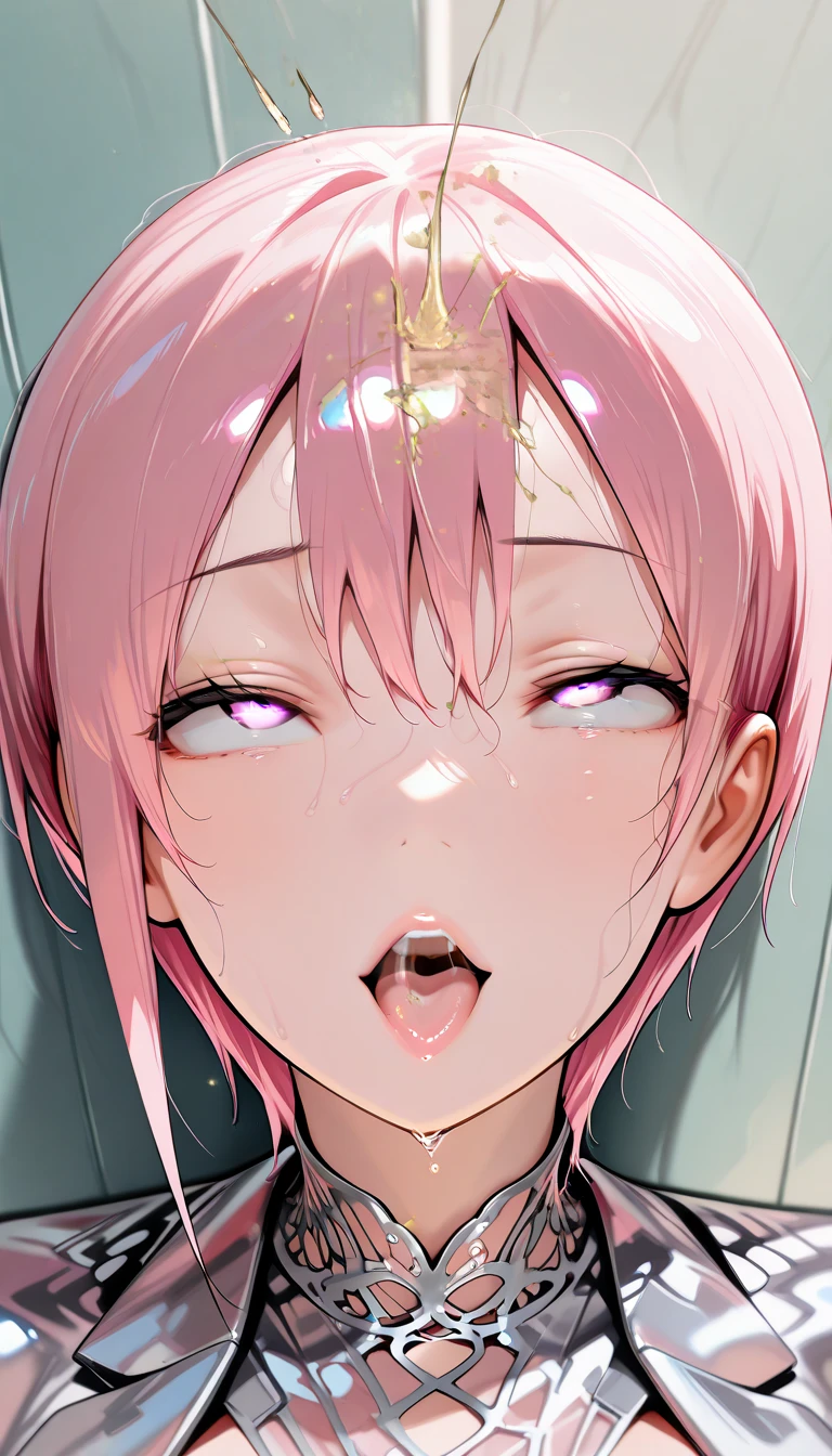 Young man, drooling and sweating, manic look in his eyes, pink long curly hair, flat chest, scars on arms and thighs, big thighs, flat chest, skinny, blushing