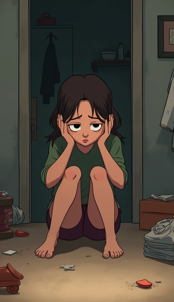 The child lock herself in her room and she felt really sad after witnessing how her parents always fought with each other. a drawing or a sketch like a comics. 