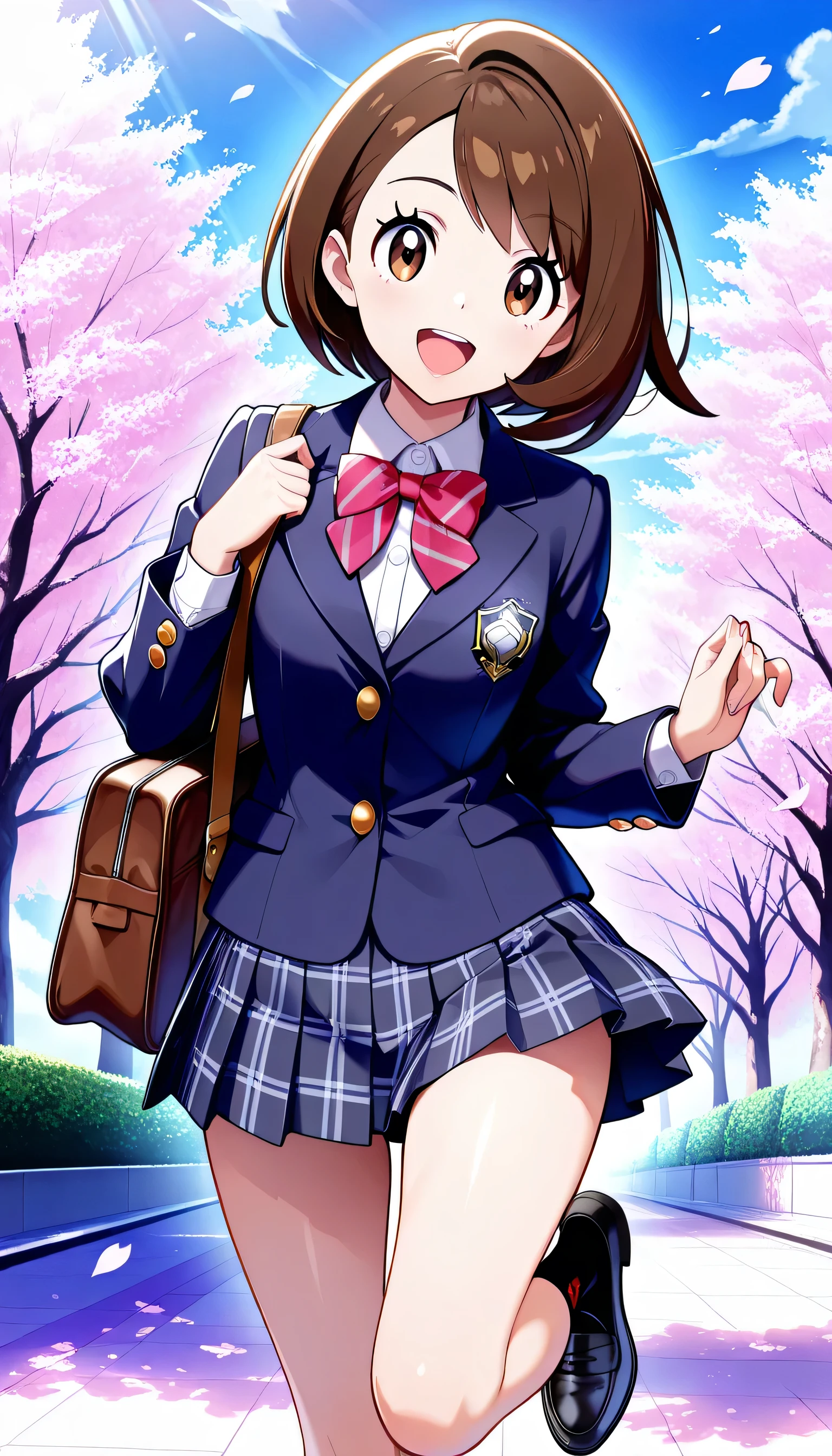 zzGloria, brown hair, brown eyes, beautiful shining eyes, glossy lips , Very Detailed目と顔, long eyelashes, perfect face, perfect hand in h, perfect leg, perfect fingertips, (Highest Quality, Very Detailed, CG illustration, masterpiece:1.2, Best Aesthetics), A Japanese high school girl,
wearing a navy blazer with a silver school crest, a white collared shirt, a burgundy striped ribbon bow, a navy and gray plaid pleated skirt, Black ankle socks, Under the cherry blossoms in full bloom、Spring Urara 、blue sky、expectant smile, open your mouth,
looking at viewer,
bag,school bag,,shoulder bag,full body shot,