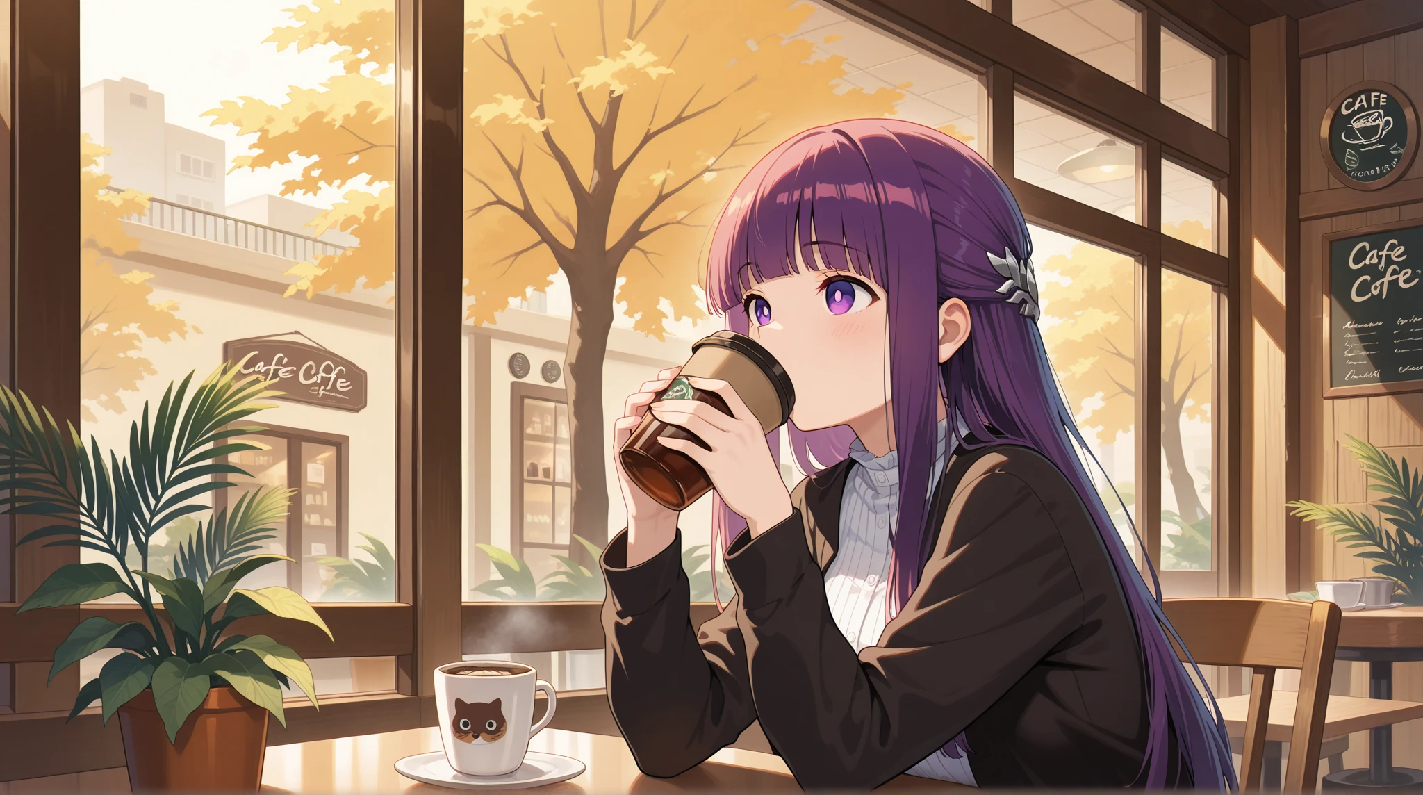 girl, fern, cafe, drinking coffe,
masterpiece, best quality, very aesthetic