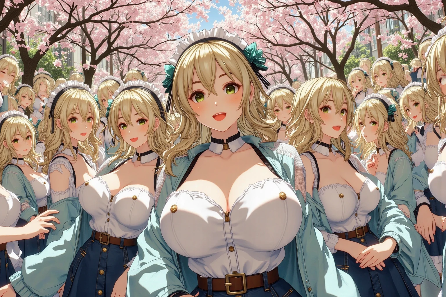 (masterpiece:1.2), (highest quality:1.2),, Curvy but slender body, Perfect Eyes, Perfect Face, Perfect lighting, 2 girls, ,On campus,(Standing position),(Dress shirt),(whole bodyのショット),(My chest is sticking out),(Cute Smile),Curly Hair, Nipples become erect, Detailed outdoor background, Compensate, eye shadow, Thick eyelashes, Fantasy, Watching the audience, whole body、blue sky、Bright and beautiful face、Young shiny glossy white glossy skin、The ultimate beauty、The most beautiful light blonde hair in the world、Thin Hair、short hair、Shiny beautiful bangs、Big, bright blue eyes、Very beautiful and lovely 18 year old, The most beautiful girl in the world、Medium chest,ponytail,Distant position