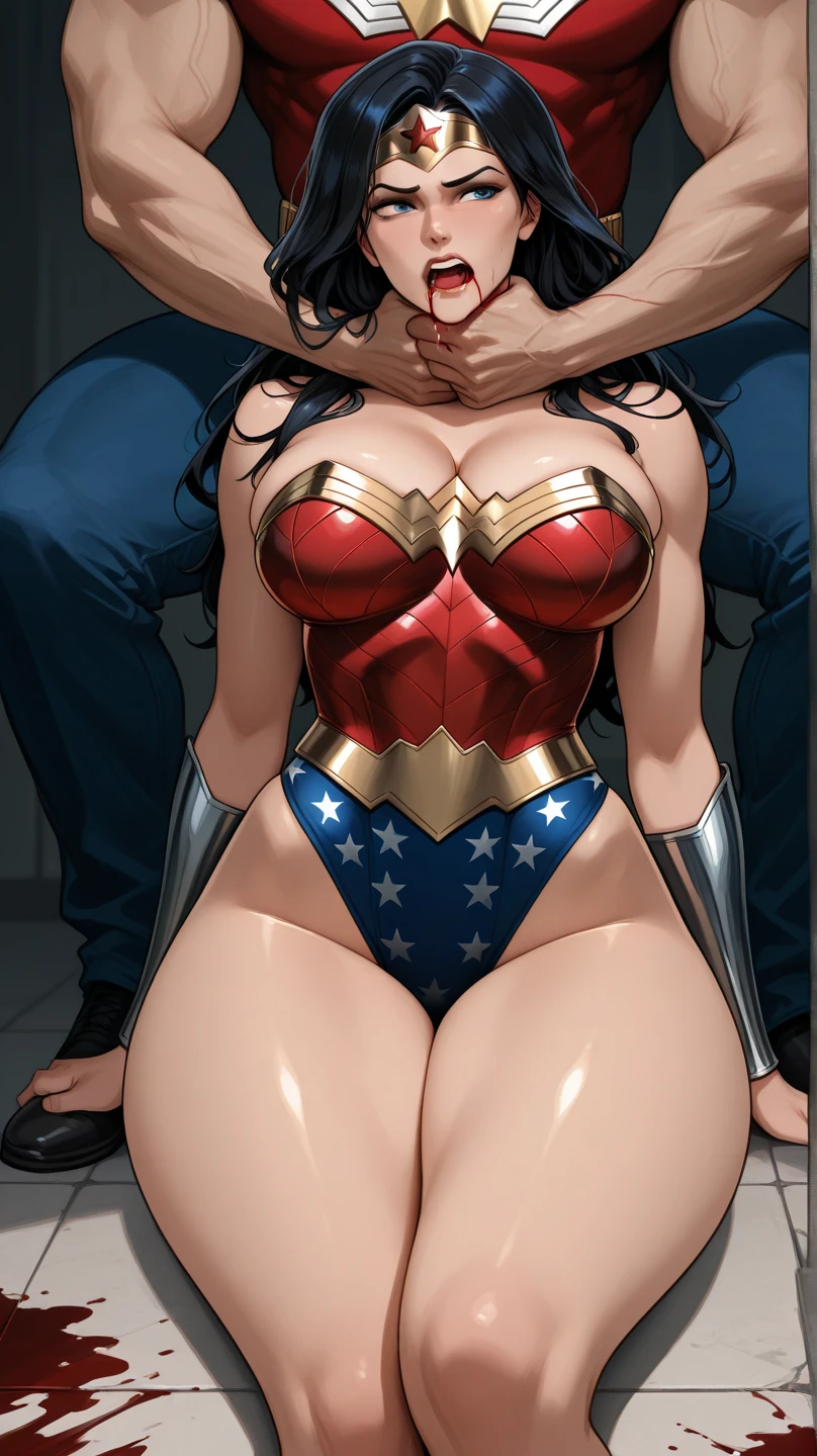 score_9, score_8_up, score_7_up, source_anime, kindergarten classroom, full body view, 1boy, 1girl, mature female, woman wearing Wonder Woman outfit, mother and son, young kid, mother kneeling in front of son, shorts pulled down, son’s cock in her mouth, blowjob, fellatio