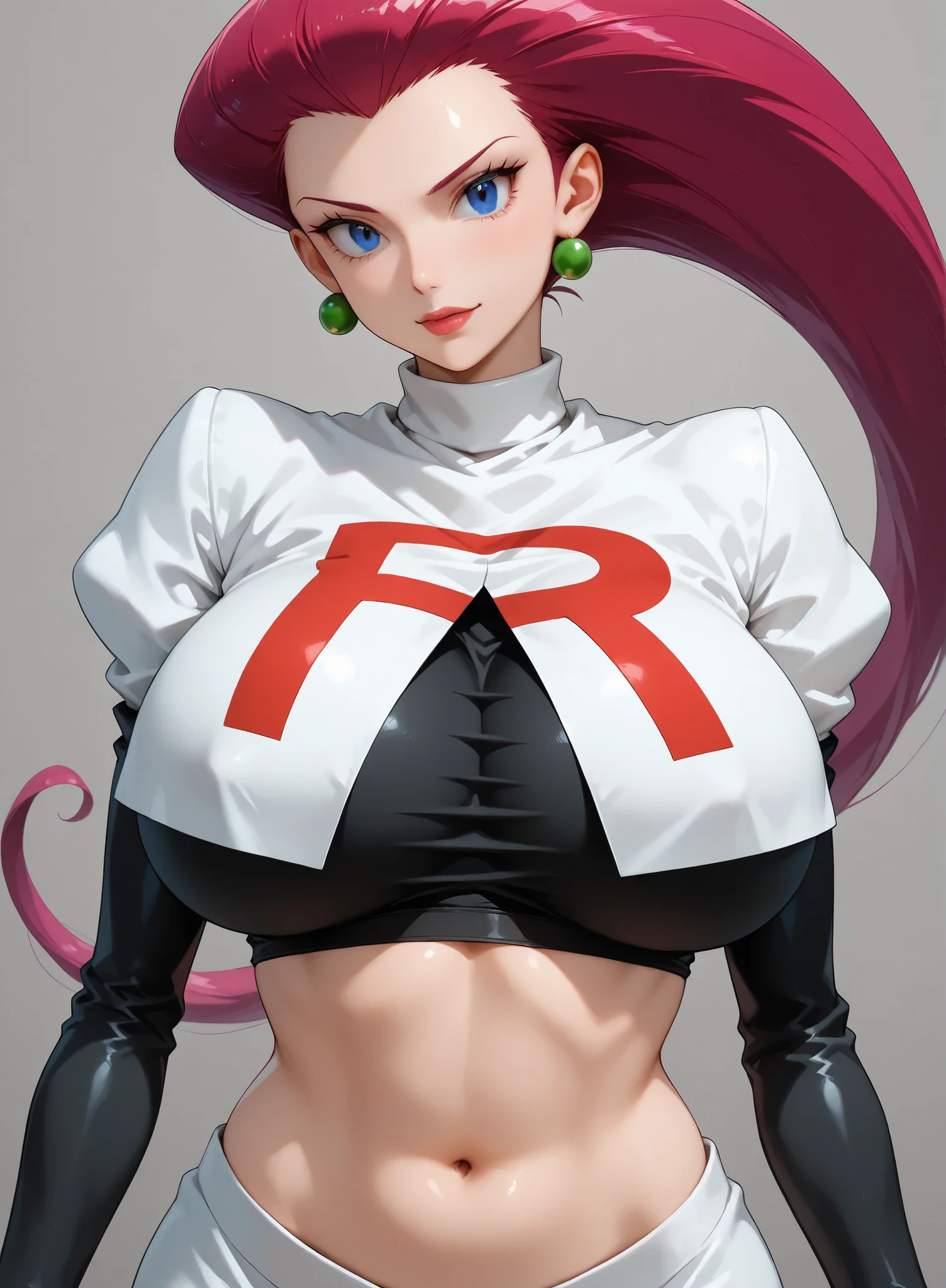 Cassidy aesthetic, white gloves, high heels,  (aletta ocean face), (puffy lips), FernFrieren, ((tight black skirt)), thong under skirt, ((v cut abs, slendered abs)), (black shoulders), very long hair, ((orange hair)), eyes, ( pupils), ((black top)), giant letter R on top, ((long white boots)), ((over thigh boots)),  looking down, ((black team rocket uniform:1.3)), (navel piercing:1.2), straight-on, expressionless, (detailed face), arms spread out, standing for battle, looking at viewer, (gigantic breasts:1.4), ultra detailed, masterpiece, best quality, aesthetic, detailed, hair, thick thighs, small feet,small waist