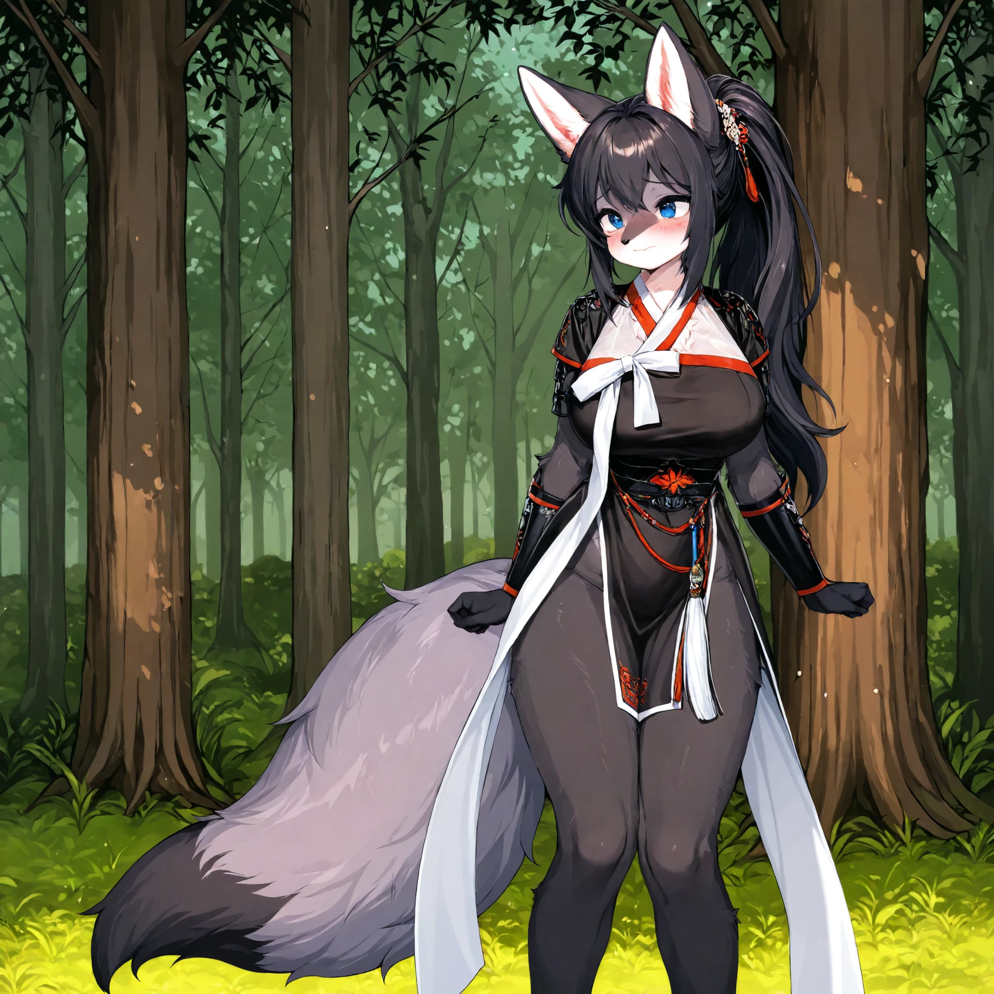 core_9, score_8_up, score_7_up, source_anime, 1 girl, solo, digital media (artwork) high resolution, beautiful, human body, fur black , female, furry woman, petite, detailed textured fur, fur tufts black , large breasts, fluffy fur black , fox, slim, slender, cute, fox fur, long, plump cheeks, beautiful shy blue eyes, solo, black hair, ponytail, big fox tail, tall, fox ears, long slender legs, blushing, i'm in the armor and Hanbok , black armor korean , forest , kemono , furry , Maturity