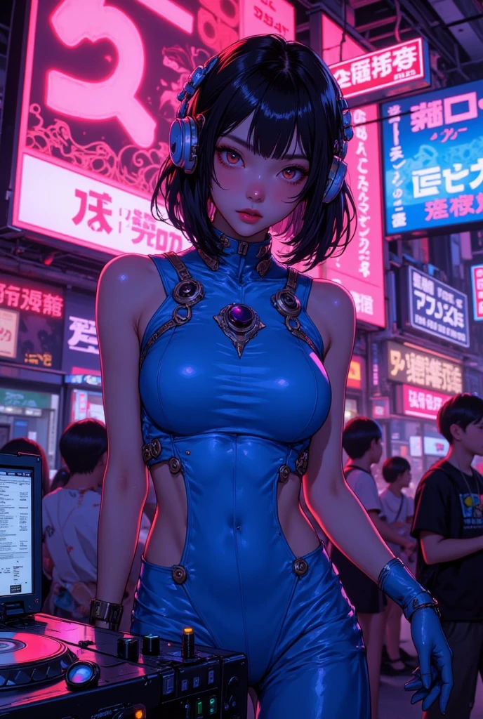 (best quality, masterpiece), 1girl, cyberpunk, neon, cloudy sky, (cartoon:1.5), sexy, string, big breast, tight, petite, small, neon signs, ramen shop