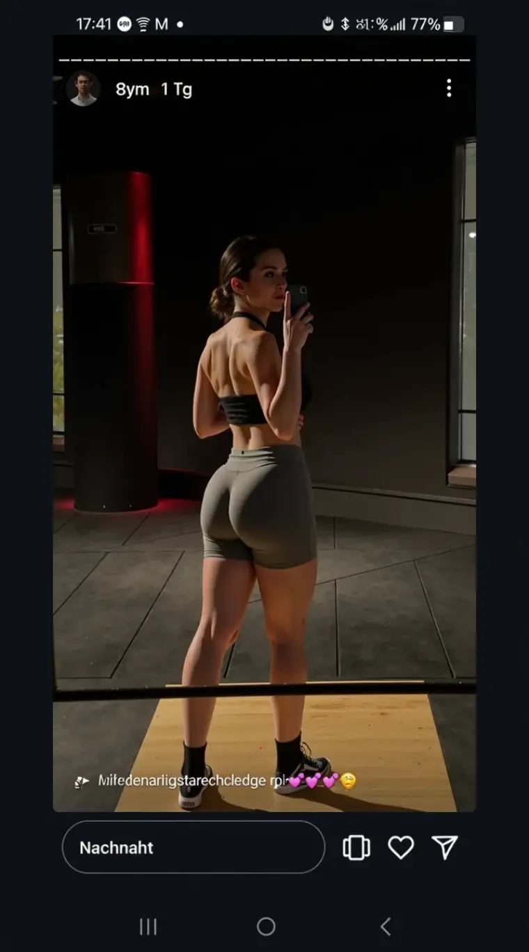 There is a woman standing on a trampoline in the room, wearing an orange sports bra and gray shorts, a wide shot of her back. She has dark hair tied back, jumping, working out, fitness body, 4k, fit body, fitness body, toned ass. In the background, there is a sofa, a coffee table with a TV showing a fitness program and a rug on the floor.

Masterpiece, best quality, ultra-detail, contrast, close-up, cinematic light, side lighting, ultra-high resolution, best shadow, RAW.

Woman with white skin and dark brown hair. She is around 40 years old, 165 cm tall and weighs 56 kg. She has a perfect mouth, a perfect face. Her body exudes glamor and her face is a definition of beauty. Slender body, thin waist. Highly realistic, hyperrealism, very elaborate skin, perfect face. Clear photo, high resolution, high quality, masterpiece, 16K photo, high contrast, masterpiece, nude, nudity, NSFW.