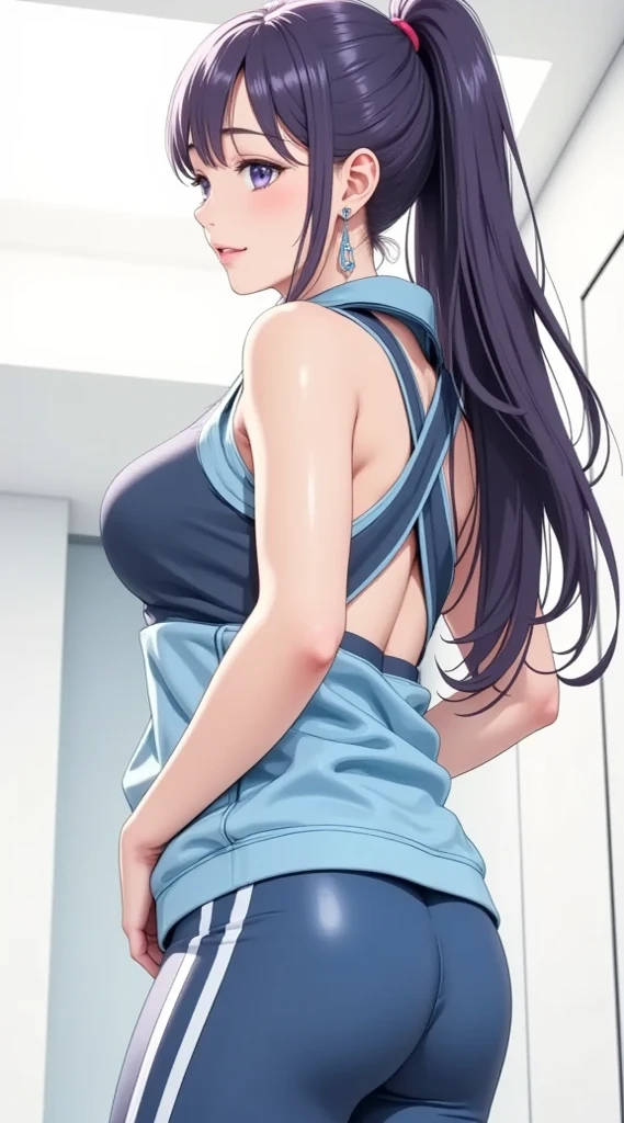 from behind,stretching,(Highest image quality,(8K),Ultra-realistic,Best Quality,High quality,High Definition,high quality texture,high detailing,Beautiful detailed,fine detailed,extremely details CG,Detailed texture,realistic representation of face,presence),gym uniform