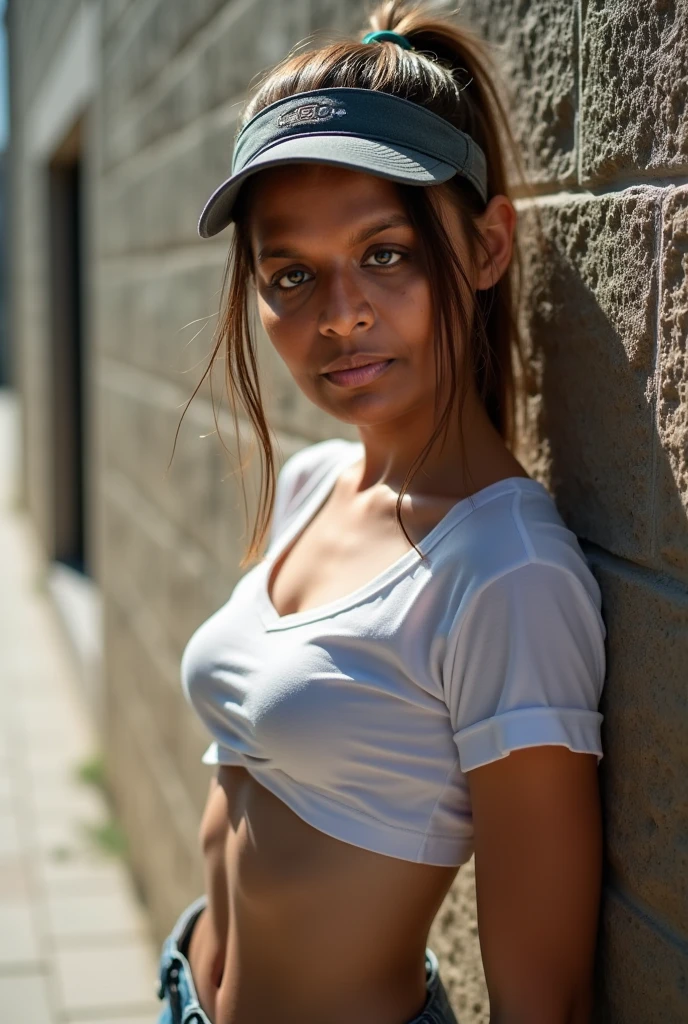 20-year-old tanned Argentine girl measures 1,50 and has an athletic body..., Cabello rizado hasta los hombros, perfect face and brown hair, (top celeste y blanco 1.5) (pantalon corto blanco) en las calles de argentina, el obelisco de fondo, luz natural, 4k, HD