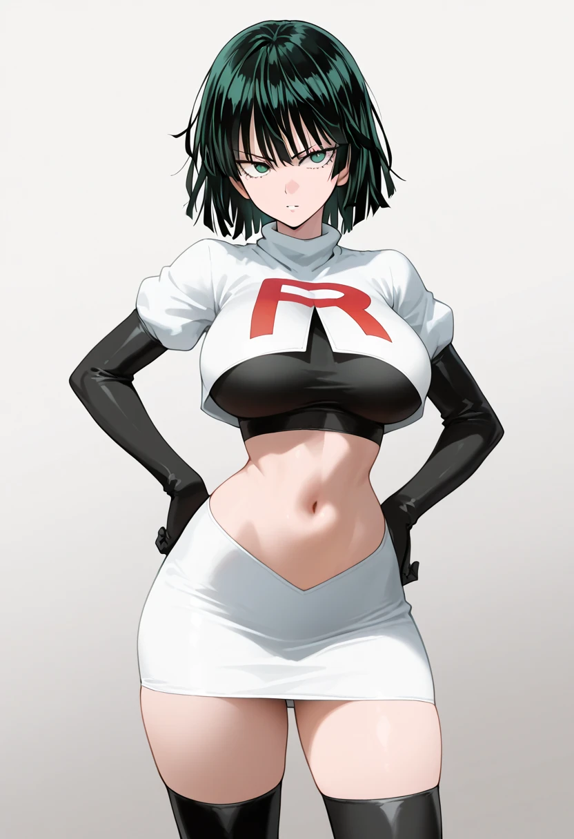 (masterpiece, Highest quality, In 8K, Very detailed, High resolution, Realistic:1.2), (Accurate Team Rocket uniforms drawn in latex material:1.3), (smilingly, Narrow-eyed Japanese face:1.2), (Blue Hair, Hairstyle is bowl cut:1.2), (Cowboy Shot, Shooting from below:1.3), (20 year old Japanese woman:1.2), (Shorten your skirt:1.3), (Black patent leather gloves, Black patent leather long boots:1.2), (Upper body is thin:1.4), (flattening the chest, Enhance the nipples:1.2), (Thicken your thighs:1.5), (Panty shot, Black latex panties:1.3)