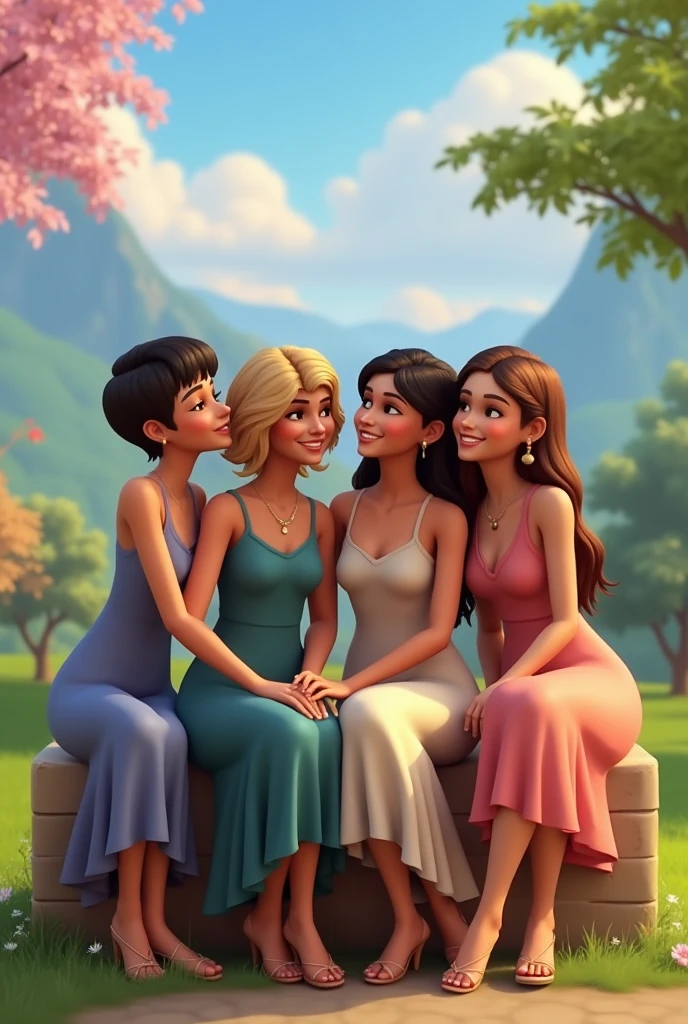 One woman sitting on a bench with another woman beside her, looking lovely and very much in love but not too much. Another two women standing behind them with a wide smile and different hairstyles and the four of them are taking a photo with a lovely scenery on the background and they're all wearing elegant dresses in sims animation