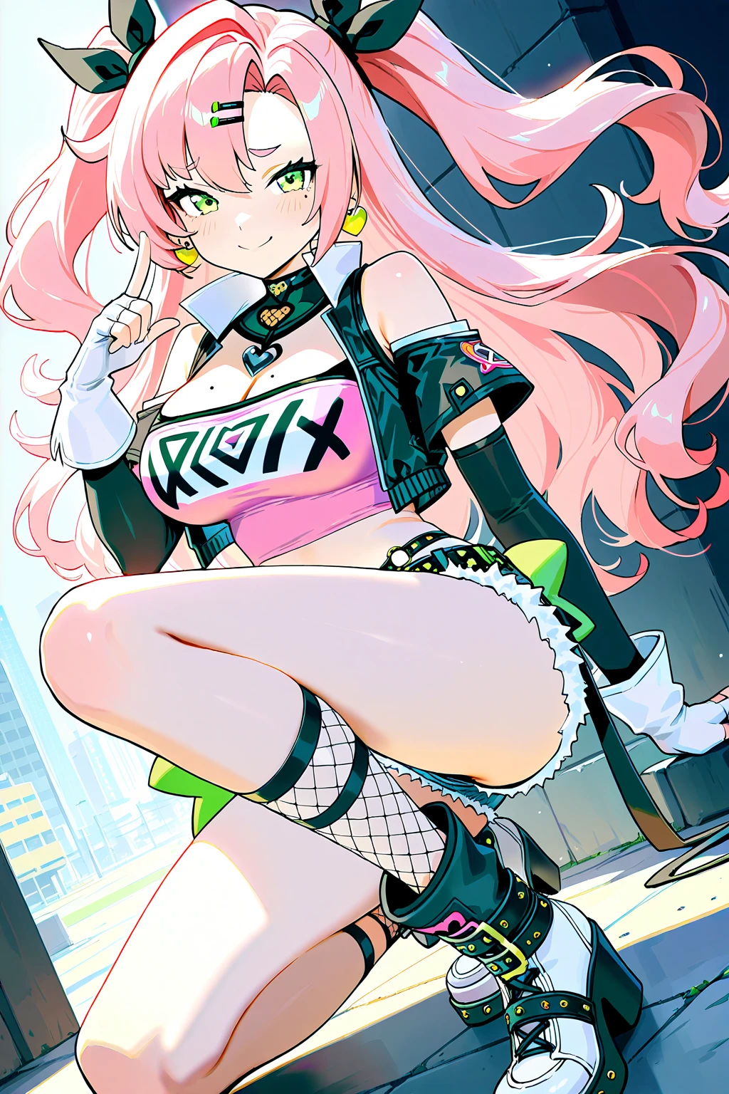 Fluttershy, Fluttershy of my little pony, big breastes, Lush breasts, elastic breasts, exuberant hair, pink hair, Rapper, rapper outfit, Cool, jersey, on the stage, tape recorder, wearing rapper glasses, badass pose, beste-Qualit, Very detailed, bracelets on hand, yellow pink clothes, pink boots, a lot of yellow, a lot of pink, Butterflies