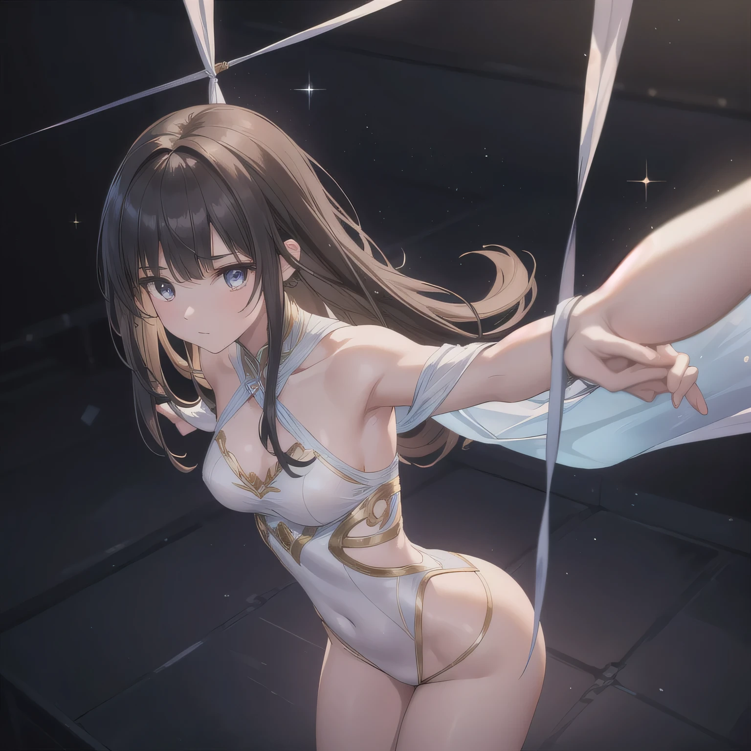 (Master masterpiece:2)、(((extremely fine and beautiful)))、(16k UHD:2)、(Wet sexy girl:1)、(Sheer Metallic Gold Leotard:2)、(Black pantyhose:1.6)、(medium large breasts)、(Transparent skin:1.6)、(Long ponytail hair:1.8)、(Beautiful eyes:1.8)、(Standing)、(Nominal body type)、(Glamorous:1.4)、(musculature:1.4)、(Thin thighs:1.6)、(Thin leg:1.6)、(A smile)、(Dance Studio:2))、(Dynamic Pose:1.4)、(Dynamic Angle:1.6)、Correct anatomy、Good anatomy、Five Fingers、(((The ultra -The high-definition)))、(ighly detailed)), ((Very detailed and beautiful)), ((Very detailed and beautiful)), (luminism)),
