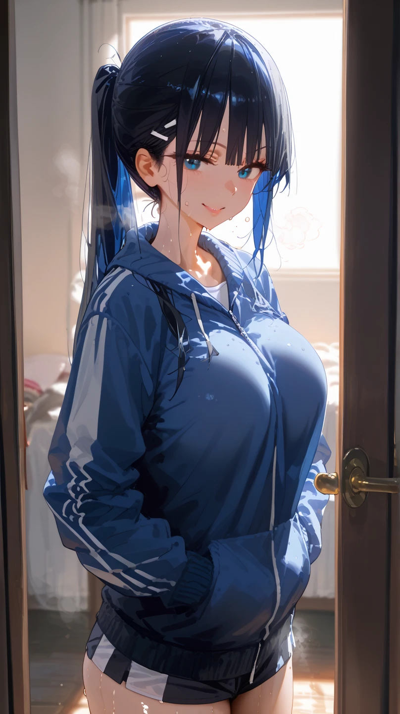 A boy hugs me from behind、Big Breasts、Cute light blue bra、Plain white, RaindropsTshirt、Bra see-through、Cute light blue string pants、A tall boy in gym clothes is hugging and kissing a girl、classroom、Watermelon head girl