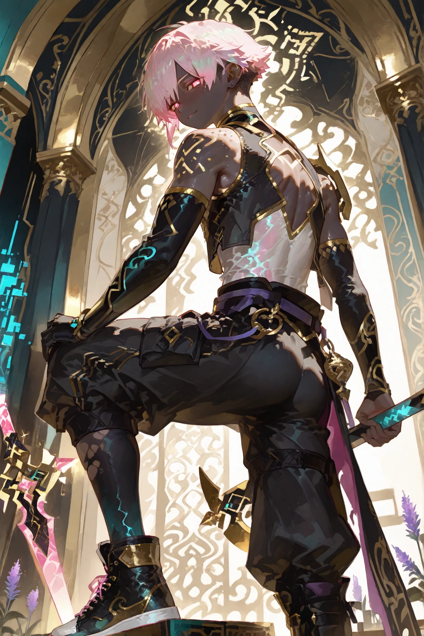 fantasy outfits, holographic, alternative-style. manly skinny tall tanned black skin boy mixed-race black skinned skinny young boy with freckles, glowing clear glossy wet shiny skin, short spiky lavender and salmon pink hair , black trimmed undercut taper sides and back behind hair, and fully blank godly white bright glowing mythical eyes , baggy gi monk combat lavender shirt with black sleeves and a tight sleeved vest inside with magical glowing armor around him, boy gold trim, with black baggy cargo fighting pants with gold accents and armor, anime-style, detailed and bright holographic, tone, in a fighting combat pose holding a obsidian gold and black pixelated minecraft pickaxe standing fighting pose very shiny skin, with lavender white torn socks with gold trims, fantasy holographic, combat high boot torn wrecked sneakers, in the luxury room vibrant background, very hot manly happy face,