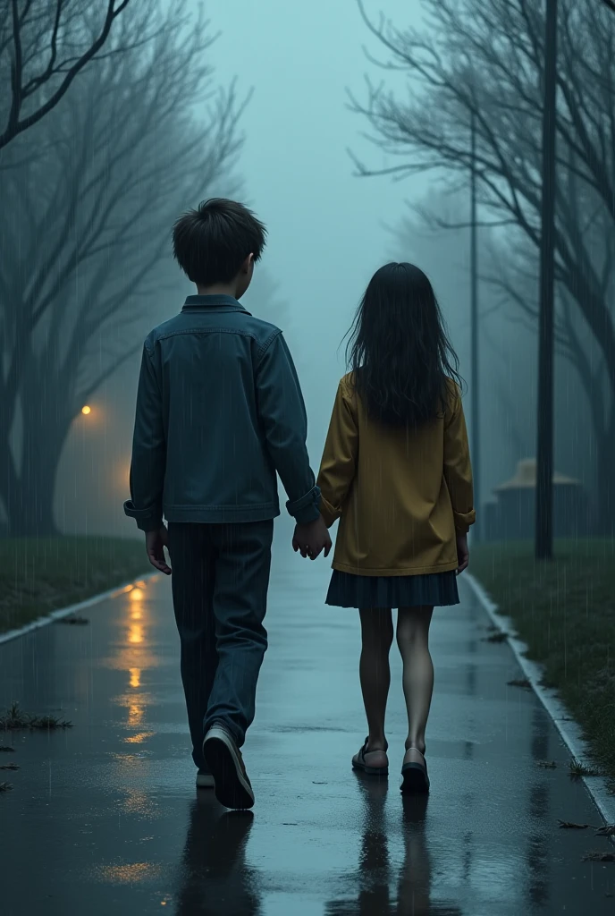 Boy and girl holding hands and they have no faces. The background is a little sad and everything to be super realistic. Make him looks like . More realistic.