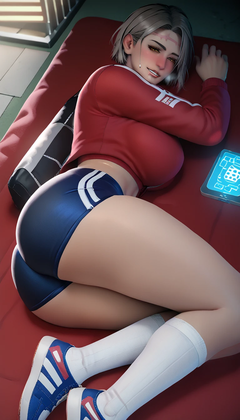 Perfect lighting, dim lighting, score_9, score_8_up, score_8, score_7_up,bouqtm, KaoriItadoriSDXL, short hair, brown eyes, black hair, large breasts, scar on face, ruanyi0938, blue shorts, gym uniform, red jacket, open jacket, white socks, sneakers BREAK, 1girl, solo, looking at viewer, ass, seductive smile, outdoors, on side, lying, medium breasts, holographic interface, blush face, gasping, heavy breathing, hearts, pleasured, curvy, clenched teeth, drooling, half-closed eyes, grey hair