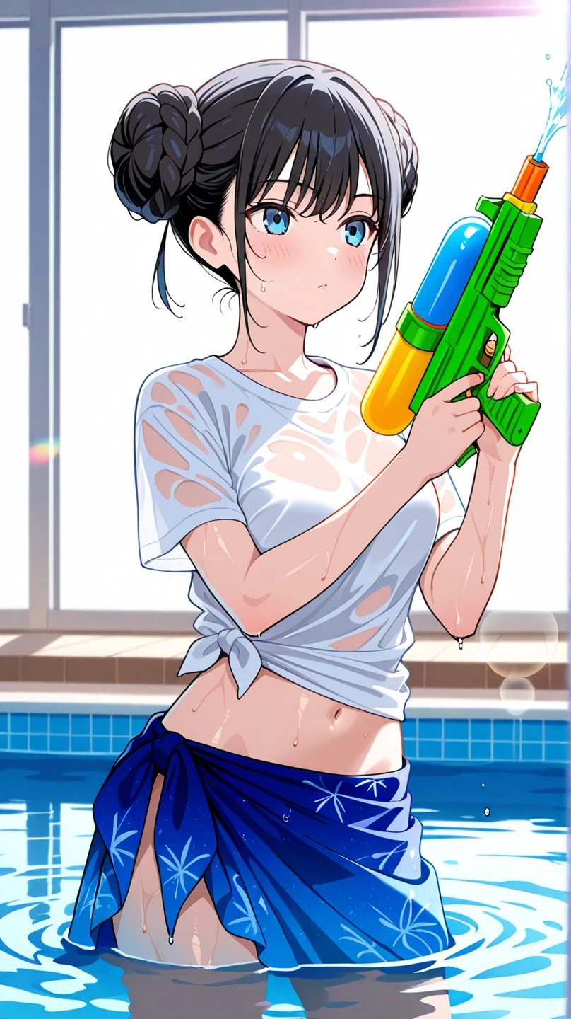 Highest quality、masterpiece、beautiful、detailed、Year: 11、Black hair twin-tailed female elementary school student、In the forest with a shrine、Pouring sunlight、Dynamic pose、Spraying water with a water gun、Angle from below、smile、Slim figure、(Wet and see-through clothing:1.2)、covered erectile nipples、camisole、Striped underwear、(cameltoe:1)