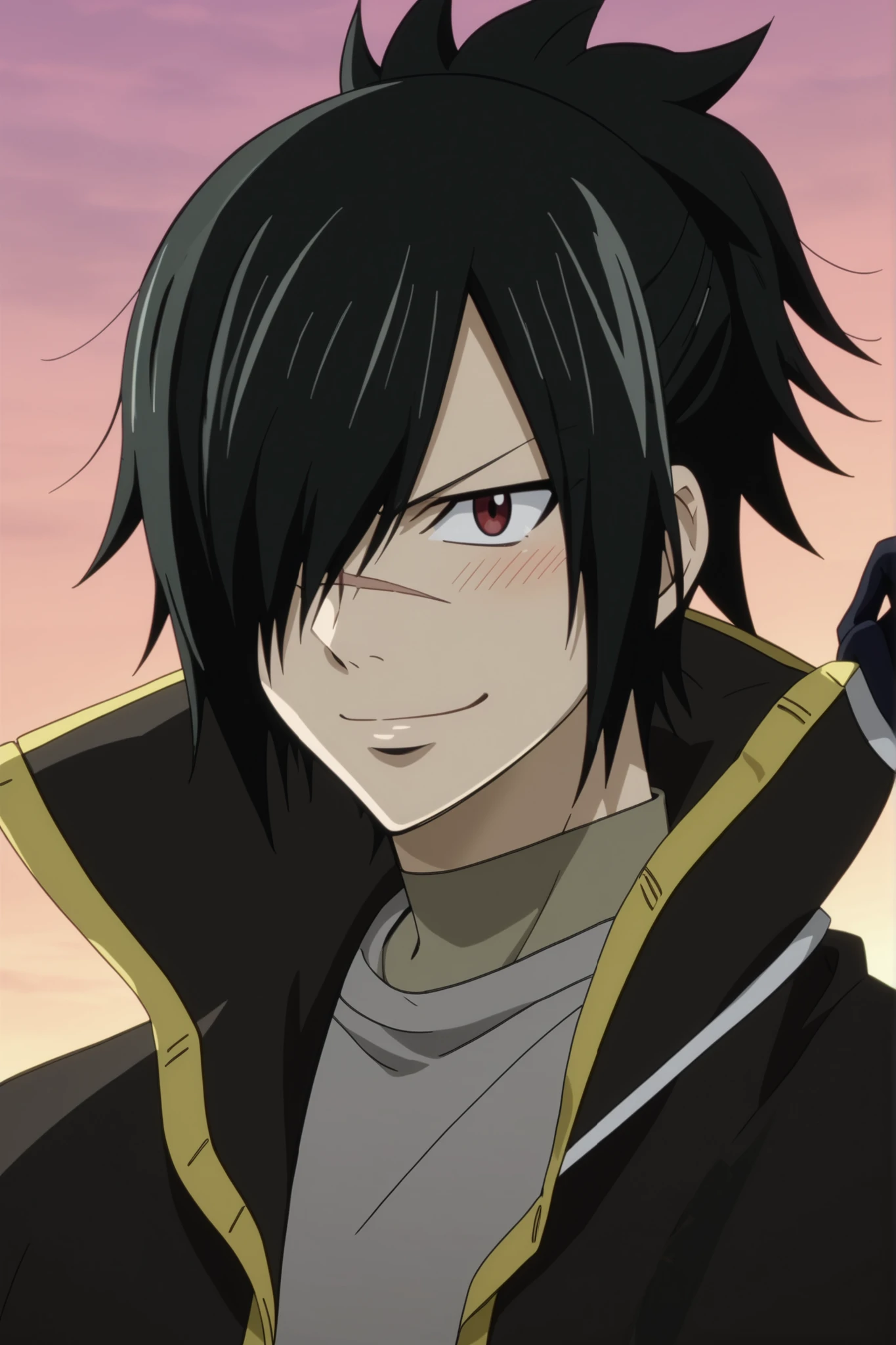Rogue cheney rogue_cheney, black hair, red eyes, hair over one eye, scar tattoo, official style, anime screencap, 8K, extremely detailed, 1boy, solo, ((smile, happy, closed mouth, blush)) anime style, highly detailed, saturated colors, cel shading, fairy tail anime style, cute boy, ponytail, (((wearing a dramatic black coat with silver embellishments, black gloves, and a sleek, sharp silhouette.)))