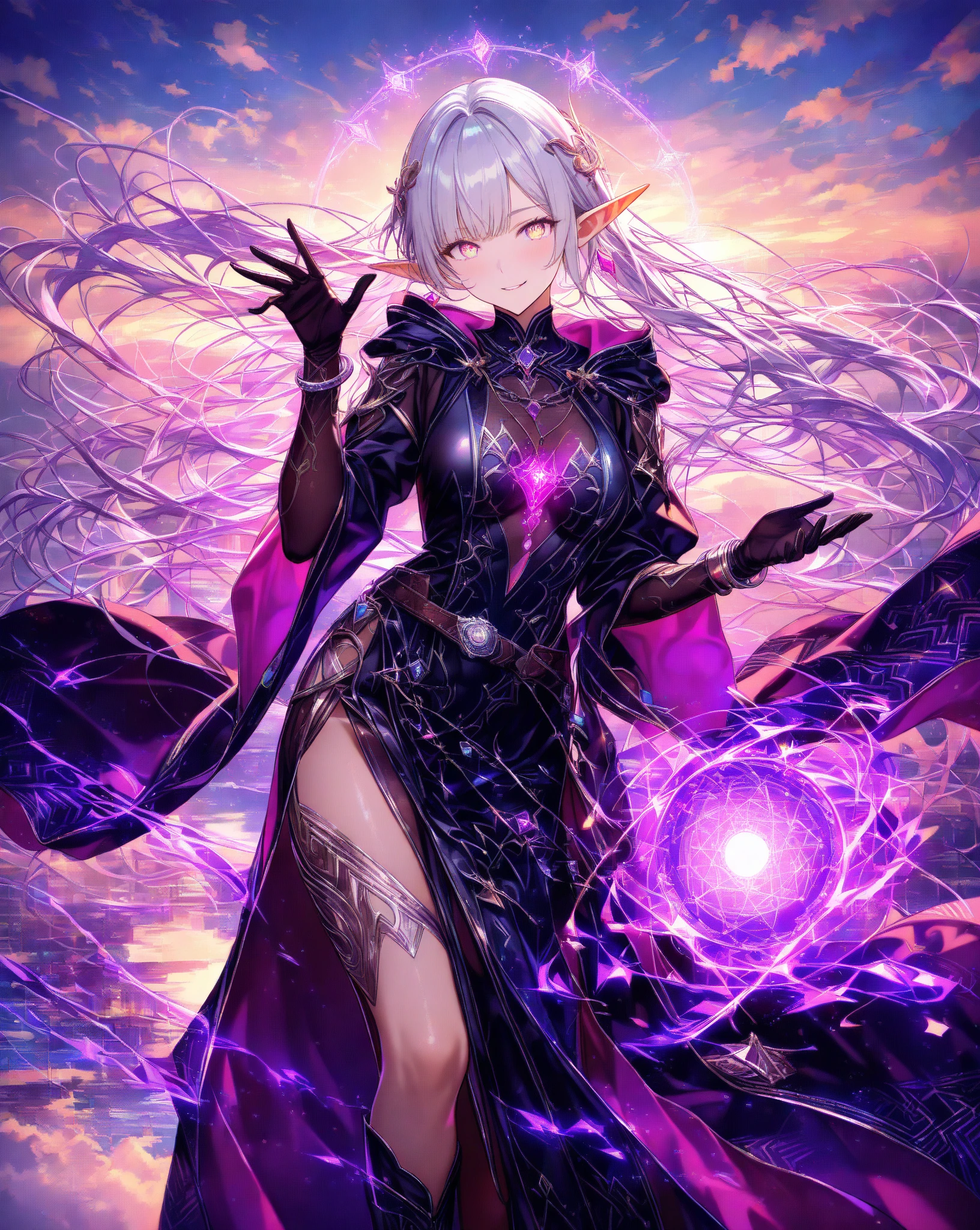 1 girl、Silver short hair、Hollow, glowing red eyes、Fantasy、witch、((黒とGreen clothes))、((Green clothes))、Aggressive design、Cape、Purple decoration、accessories、Villain、Magical Items、whole body、Mysterious Forest、Wind Magic、Dark Magic、Dark Aura、Grin、Evil smile、Expose、Bigger breasts、Shameless