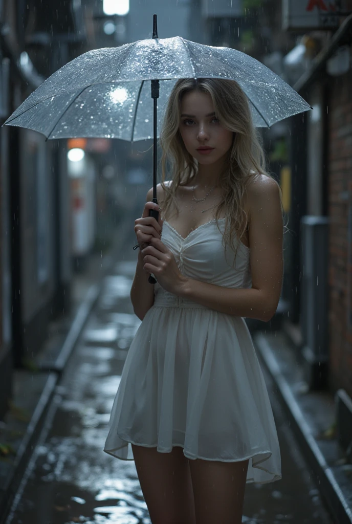 bride sitting on the floor in an alley, pale skin, long blonde hair, looking messy, dripping makup with a bottle of wine in hand, wearing brown work boots, (wedding dress garter:1.2), athletic and fit body, thin, flirty, looking happy challenging, looking at the camera, night, city lights (rain, puddles:1.5), realistic, HDR, UHD, dynamic, portrait shot, war photography