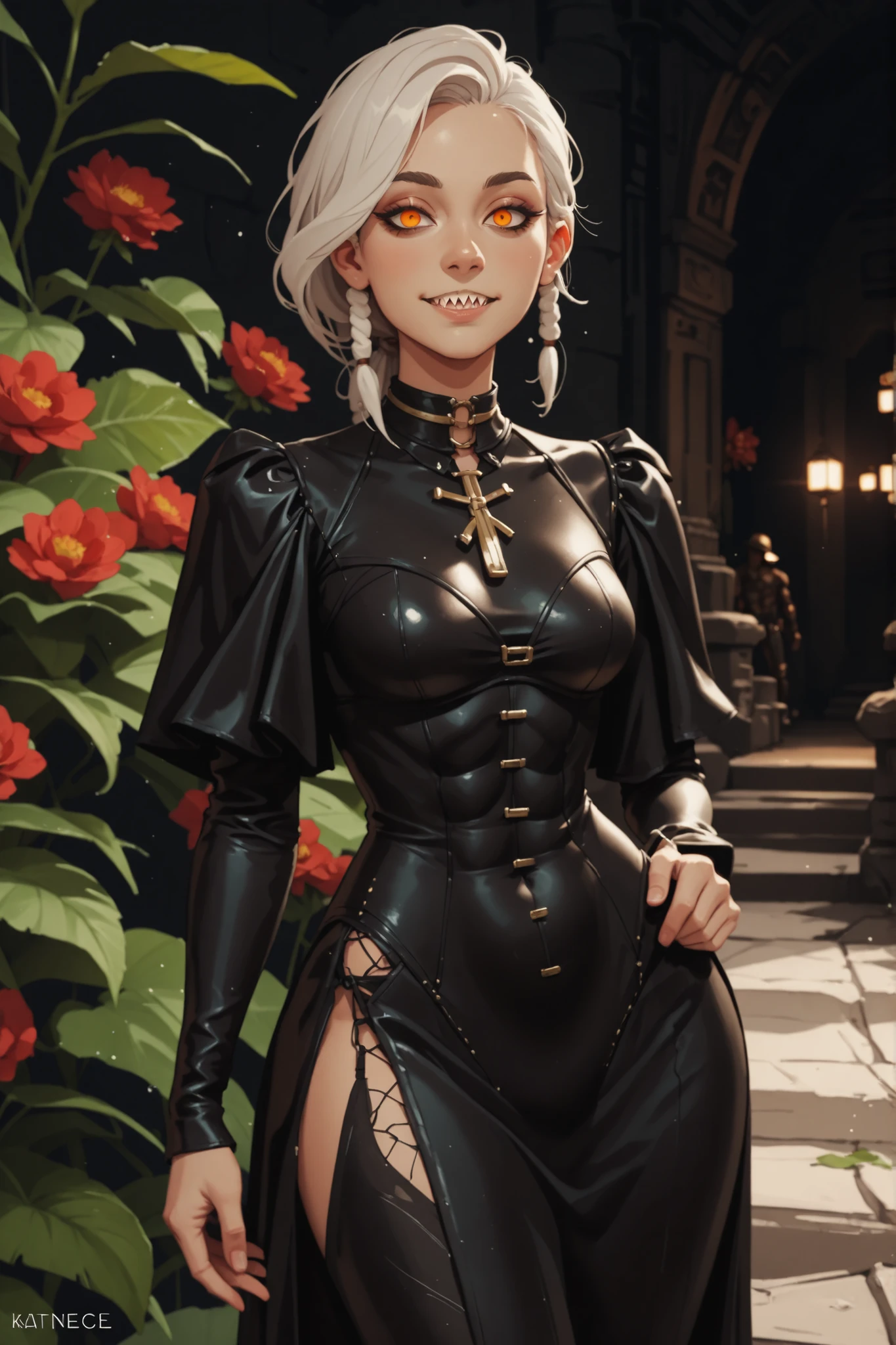 Meisterwerk, hd , great quality, very aesthetic, absurd, high contrast , high color palette , light glare ,neueste,2.5D,volumetric lighting, Sweet, jung, 1 girl, asiatisch, Mongol girl, round face, slanted eyes, big eyes, asian girl, dripping slime skin, rote Augen, Asian eyes, B-Cup, soft abs, rote Augen, Albino, leather clothing, fair-skinned, white highlights in her hair, ATHLETIC BODY, aztekisch, leather clothing, attentive, small smile, looks at the viewer, Dreadlocks, sharp teeth, Hintergrund: jungle and Aztec ruins, looks at the viewer, looks like a young Jennifer Lawrence