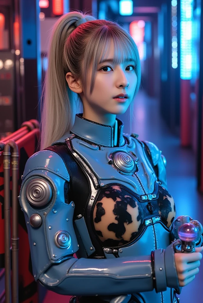 Beautiful Face,face is Japan, 1 Woman, Big, Curvaceous, (16k, RAW photo, top quality, masterpiece: 1.2), (HDR, Realistic, Photorealistic: 1.37) (tube attached to the body), (Bikini Cyborg robot parts)))), (light gray hair), Long hair, Wavy hair, Twin tails, Medium shot, ( Seductive smile)), (black eyes), double eyelids, princess cut, from below, (whole body),posing,,in the lab,( tube connected to blood vessel),((mechanical vertebrae attached to the back)),((mechanical neck attached to the neck)),(wire and cable attached to head and body),(character focus),science fiction,perfect female figure,perfect anatomy, hyperanatomy, full body shot, relationship between up to 4 fingers and 1 thumb, spherical joint,