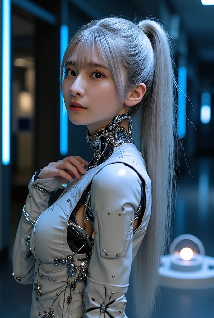 16K Ultra HD，Jilin female model，Sexy hot strong body，muscular，Very tall body，Elongated face shape1.3，whole body，Smile，Silver hair，Chinese hairstyle，Futuristic sci-fi style floral film Hanfu，Fusion of Chinese style and science fiction style