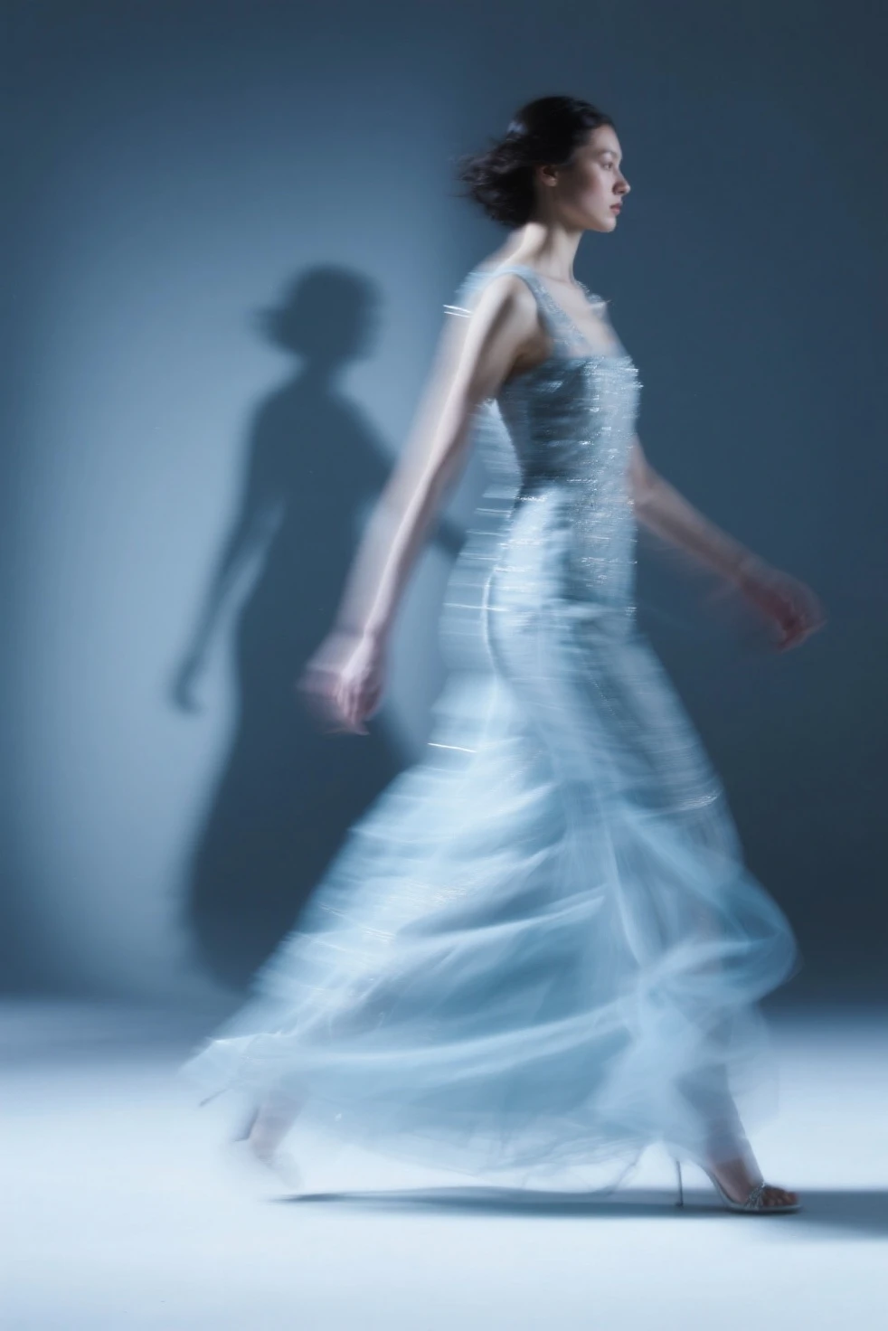 Create a dress according to that image, The white thing below is a white transparent fabric, The blue is waves of sky blue fabric that are not very wide. 