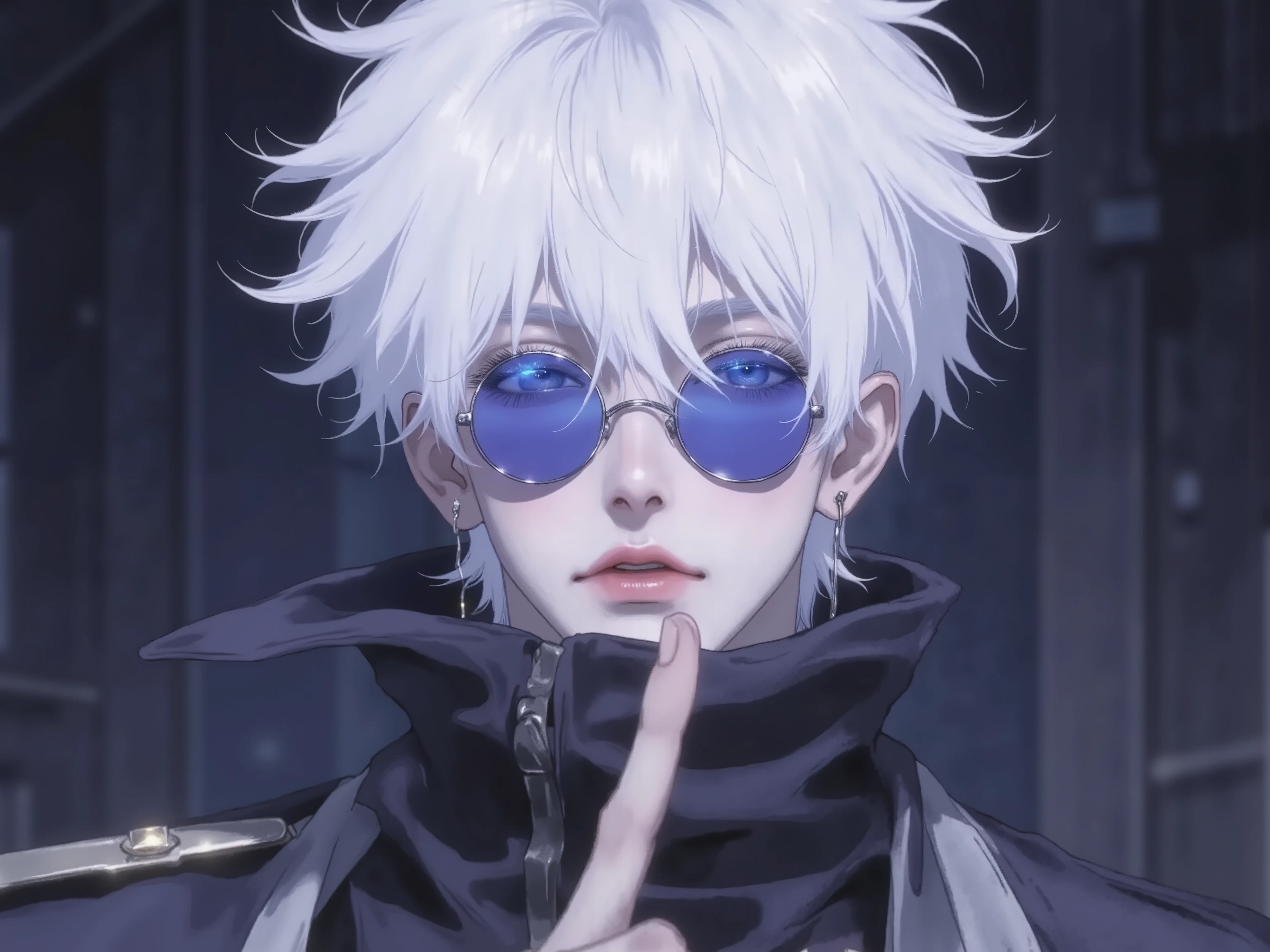 ((점수_9,점수_8_위로)), GOJO SATURO, Portrait of Gojo Satoru from "Jujutsu Kaisen", upper body only, facing forward with a calm and confident expression. White hair, blue sunglasses, wearing a high-collared black uniform. anime style, detailed lighting, soft shadows, Upper body output