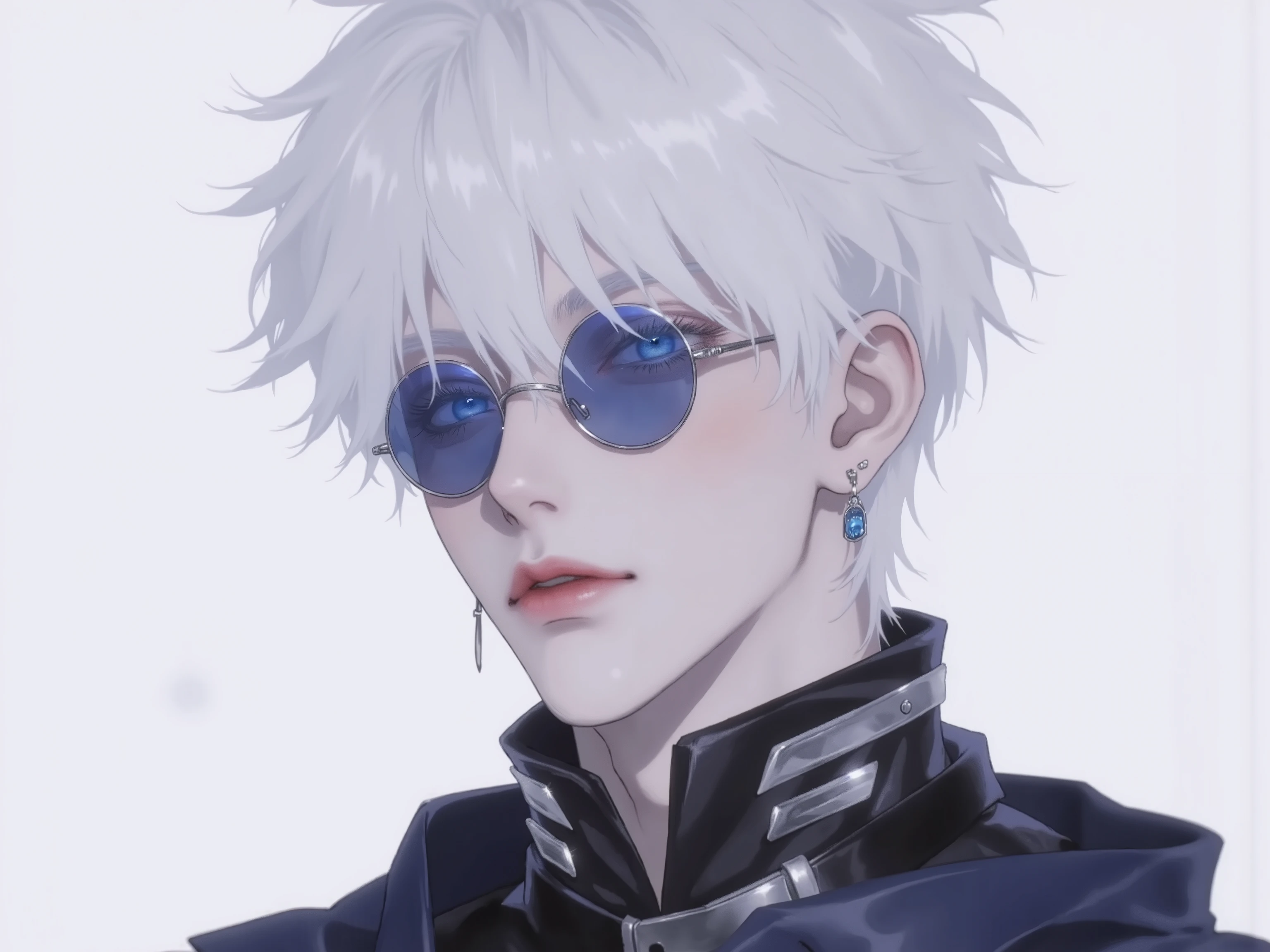 ((점수_9,점수_8_위로)), GOJO SATURO, Portrait of Gojo Satoru from "Jujutsu Kaisen", upper body only, facing forward with a calm and confident expression. White hair, blue sunglasses, wearing a high-collared black uniform. anime style, detailed lighting, soft shadows, Upper body output