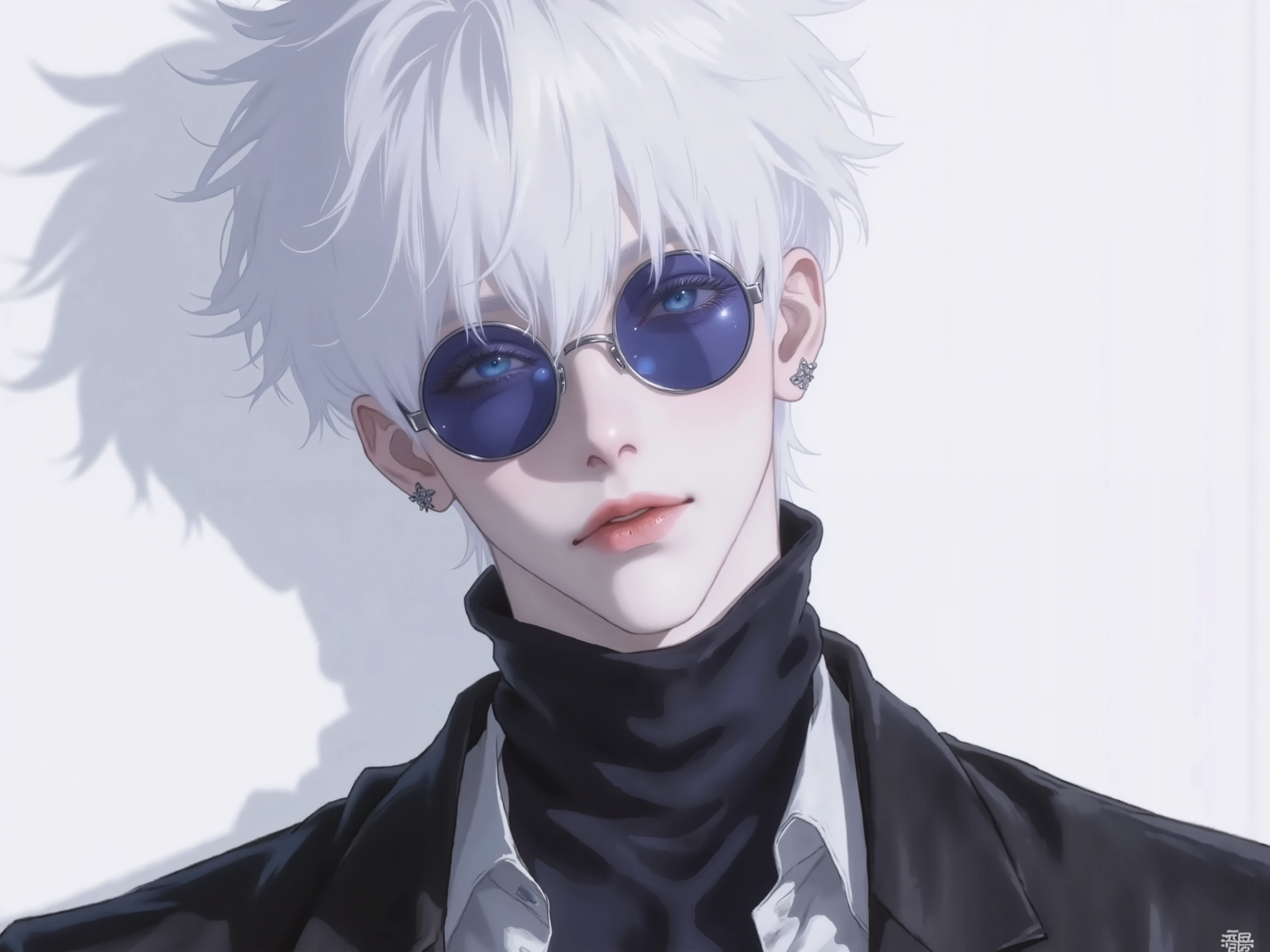 ((점수_9,점수_8_위로)), GOJO SATURO, Portrait of Gojo Satoru from "Jujutsu Kaisen", upper body only, facing forward with a calm and confident expression. White hair, blue sunglasses, wearing a high-collared black uniform. anime style, detailed lighting, soft shadows, Upper body output
