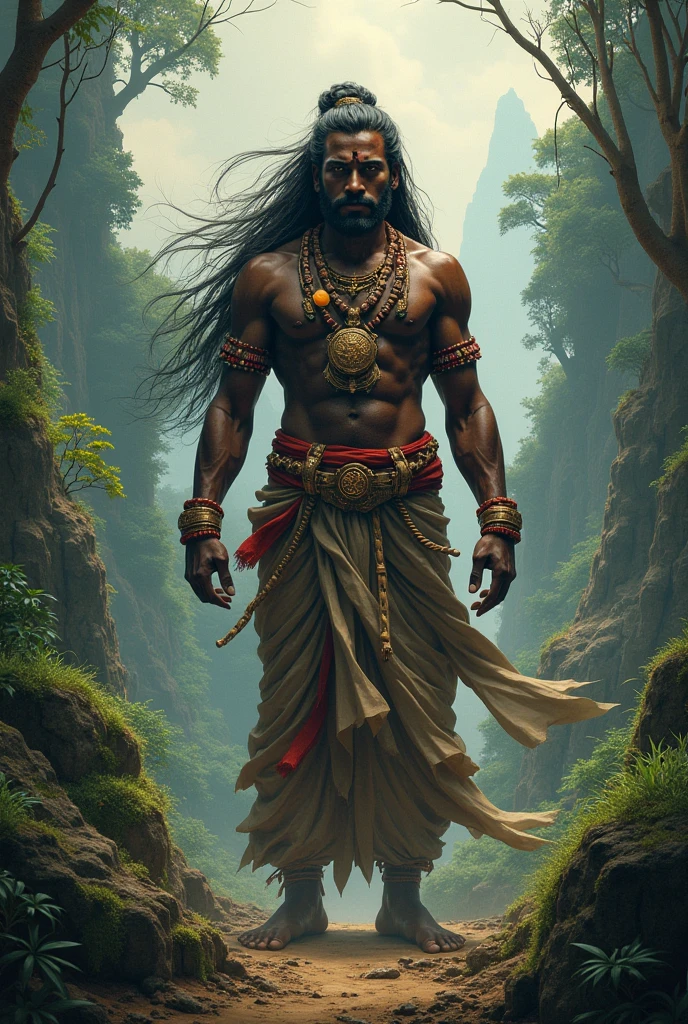 A black monkey man hindu god, wearing white dhoti, big arms, near a mountain