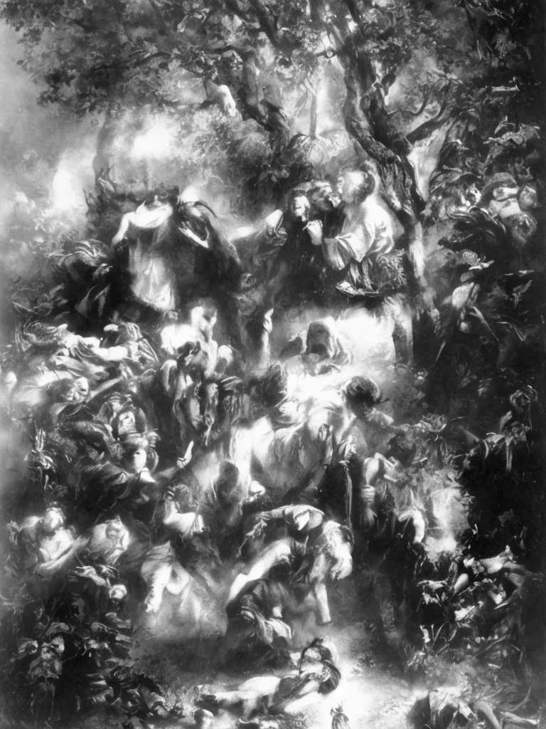 A group of people in a cave，In the middle there are two celestial women standing，It is a fairy whose body shines, dante's inferno painting,