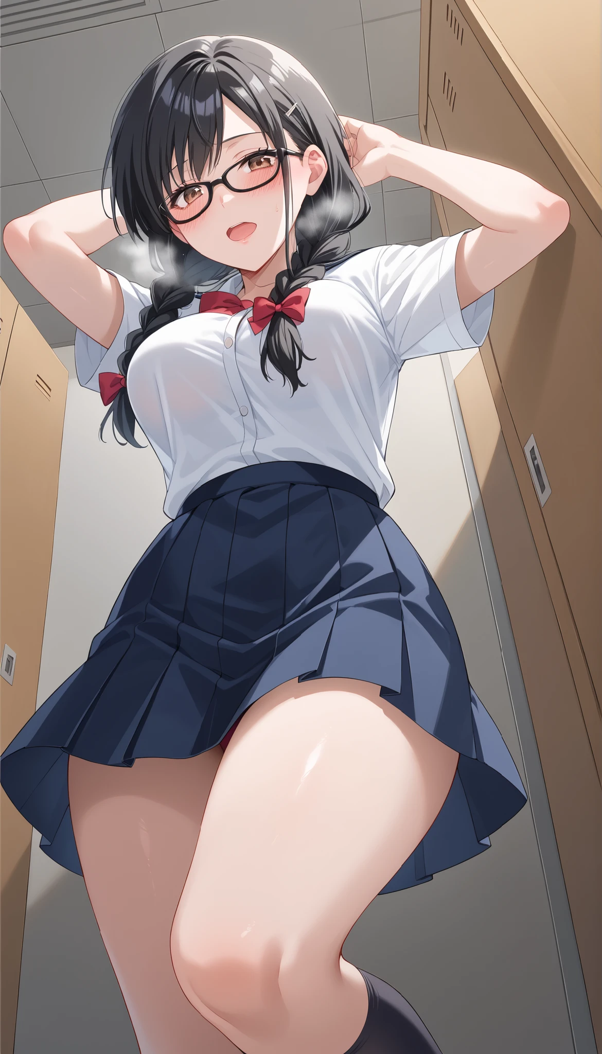 Solo, (1girl), single, fluttering white collared shirt hem, swaying white collared shirt hem, (light yellow panties), Sexy, standing, ((arms behind head)), classroom, girl with:With a girl standing in front of a locker、hair is black and long,、Tied with a ribbon。The face is round and cute。It's below the knee。The shoes are black loafers。The girl had a surprised look on her face, Joy and emotions.、eyes wide open.、The mouth is wide open.、There were tears.、My cheeks are red.、 Overreaction:The girl's surprised expression was、Impossibly overreacting.、Drawn like a manga or anime。NP、Eyes, Mouth, Tears, Cheeks and hands are drawn large, (angle from below),