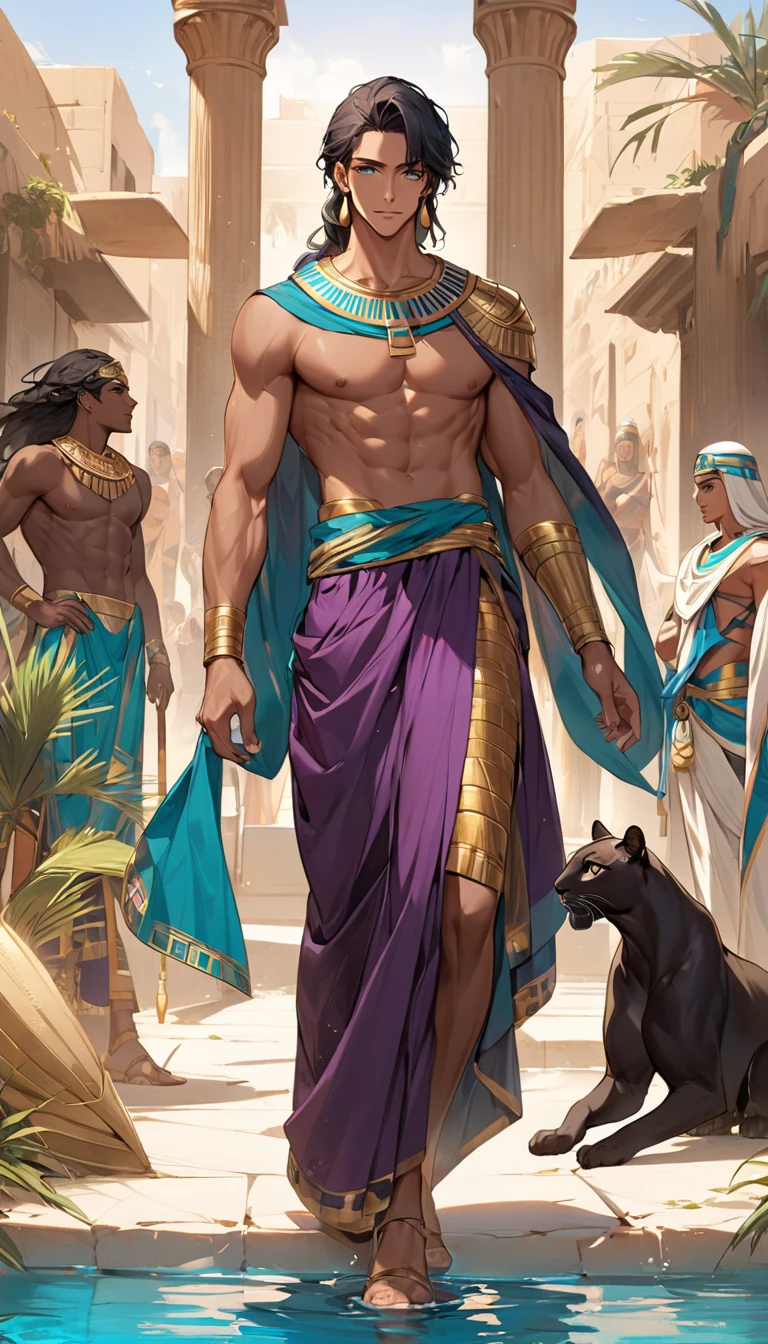 1boy,short black hair,blue eyes, tan brown skin, loincloth, desert, pyramid,egyptian prince, (oasis:1.5),bulge, on stone throne, servant (women:1.4) fanning him with feather fans,
