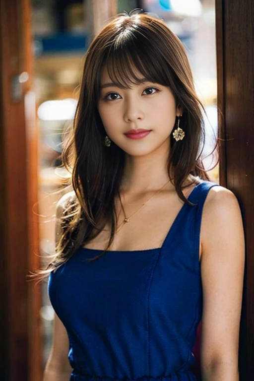 close-up of beautiful korean female, 38 inch breasts size, medium hair, wearing blue crop tank top, walking at China town, night, shop signs backdrop, bokeh background, UHD