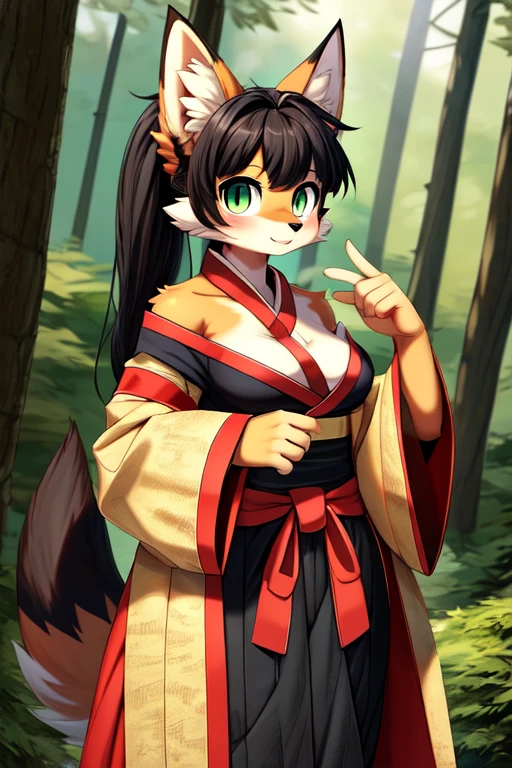 (((I want a Kitsune Woman alone, with brown skin, slightly curvy body and big chest, dark brown hair and lime green eyes, wearing a pretty kimono))), detailed, error-free, 8k, high quality