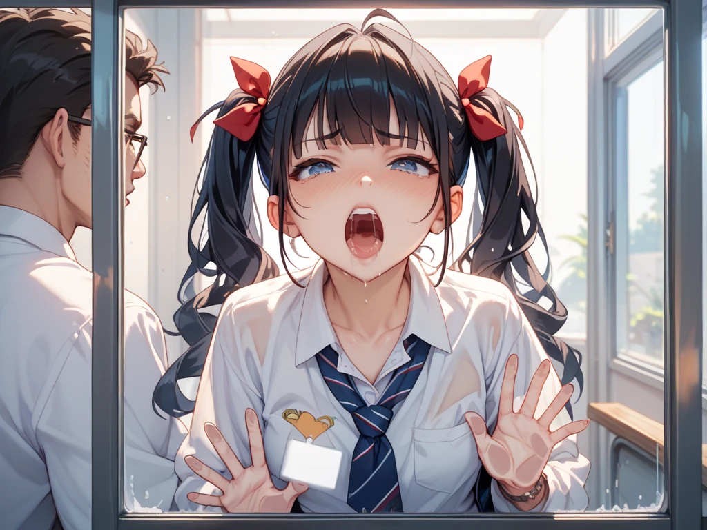 ((One woman kneels and stares open-mouthed:1.4)), ((Browsing Caution:1.4, masterpiece, highest quality, High resolution, 超High resolution, Perfect Pixel, Depth of written boundary, 4K, RTTX 10.0, High resolution))), (One woman:1.3), Beautiful Anime Women, Beautiful art style, Anime characters, ((Long Hair, bangs, Dark brown hair, Twin tails)), ((Beautiful eyelashes)), ((Detailed face, Blushing:1.2)), ((Smooth texture:0.75, Realistic texture:0.5, Anime CG Style)), ((Beautiful and large breasts)), Perfect body, Slender body, (Amazingly beautiful girl), (School classroom:1.3), ((Brown cardigan, White shirt, Checked Skirt, Red ribbon at neck), (Open your mouth wide:1.5), ((sleepy, close your eyes:1.2)), ((cute, Sighing expression)), Breathe with your shoulders, sexual pleasure expression, Holding in pee、Patience is the limit、On the brink of climax, (Perfect Anatomy, Perfect number of arms, Perfect hands)、(cum on face:1.5), A 'Phew' sound, belly button, Surprised expression, Angle from above right
