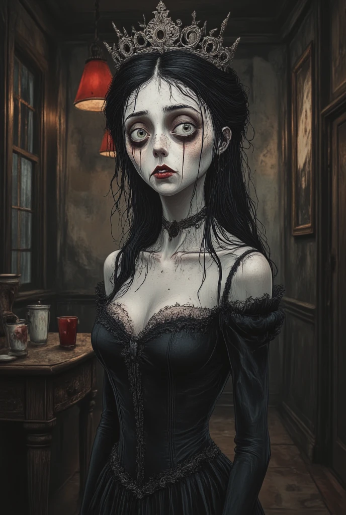 anima, black hair, wild hair, long hair, white eyes, open mouth,
white dress, dirty clothes, cleavage,
upper body, standing,
night, town, fog,
(insanely detailed, beautiful detailed face, masterpiece, best quality),
<lora:anima:0.8>