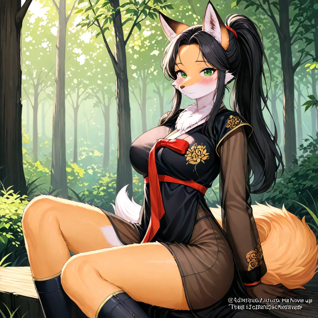 Anthropomorphic fox, man, thin, slim, green eyes, long smooth hair, black hair styled in a Chinese bun, dressed in Chinese dress, china dress, half stripped, sitting on the bed, seductive pose, spread my legs, lace panties, silk panties, bulge on panties, takes off the dress