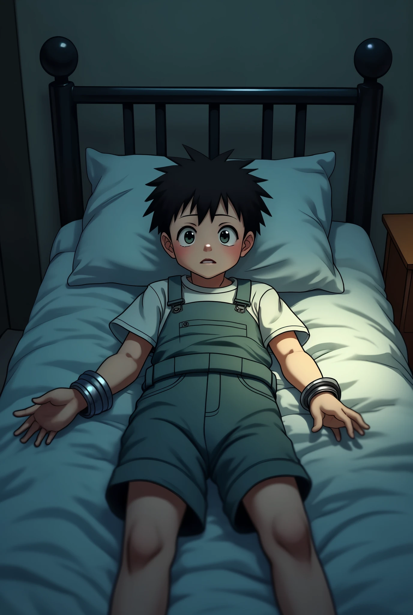 (((anime style, cel shaded, a young boy lying on a bed with wrists and ankles tied to bedposts using chains, the chains lead to the bed post, with metal cuffs at the limbs))), vulnerability, soft rumpled sheets, dimly lit room, tension, shadows playing across the scene, (((partially clothed in baggy dungarees))), expression of discomfort or anxiety, simple surroundings with soft lighting, focus on the person and situation, detailed and cinematic