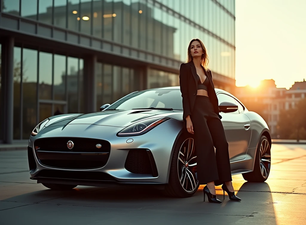 A luxury car, a beautiful woman, wearing a slip dress, standing in front of the car, behind the high-rise buildings, and the Oriental Pearl Tower crowd
