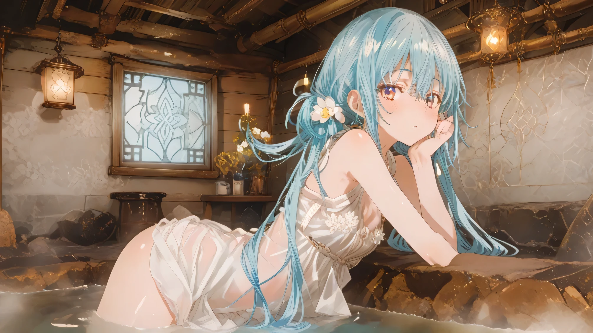 Masterpiece, Best Quality, Top Quality, Very Detailed, 1 girl, score_9, score_8_up, score_7_up, An anime girl with long aqua twin-tails lounges in a circular onsen, her white translucent cheongsam dress damp against her skin as cherry blossom patterns glow faintly in the steam. Hundreds of white lotus flowers float around her, some catching in her hair like living ornaments. The wooden bathhouse surrounds her with warm amber lighting, its bamboo walls casting delicate shadow patterns. Moonlight filters through frosted windows, blending with lantern-glow to illuminate her peaceful expression and the dress's clinging silk. Mist rises in spirals, giving the scene a dreamlike softness.
