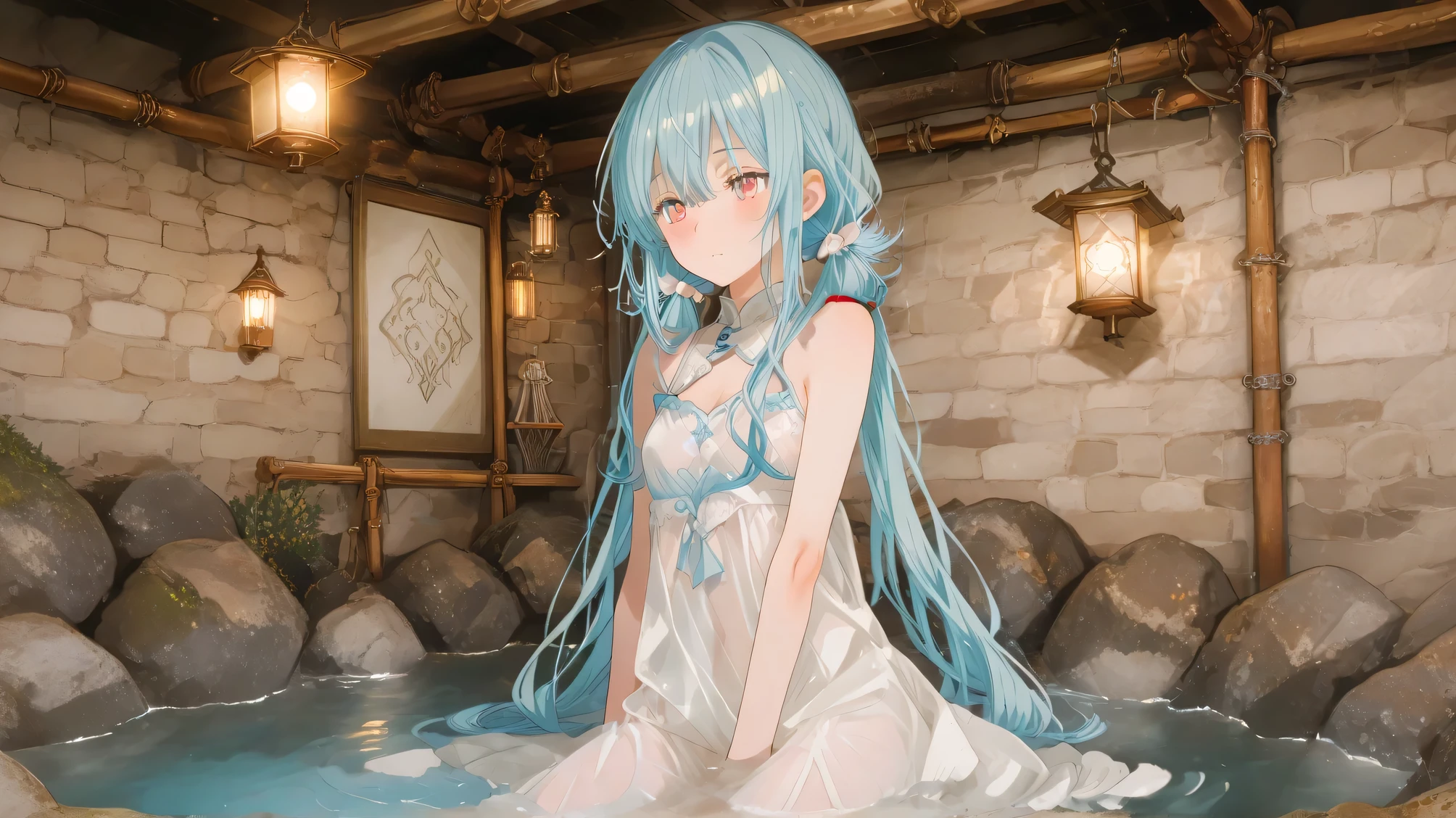 Masterpiece, Best Quality, Top Quality, Very Detailed, 1 girl, score_9, score_8_up, score_7_up, An anime girl with long aqua twin-tails lounges in a circular onsen, her white translucent cheongsam dress damp against her skin as cherry blossom patterns glow faintly in the steam. Hundreds of white lotus flowers float around her, some catching in her hair like living ornaments. The wooden bathhouse surrounds her with warm amber lighting, its bamboo walls casting delicate shadow patterns. Moonlight filters through frosted windows, blending with lantern-glow to illuminate her peaceful expression and the dress's clinging silk. Mist rises in spirals, giving the scene a dreamlike softness.
