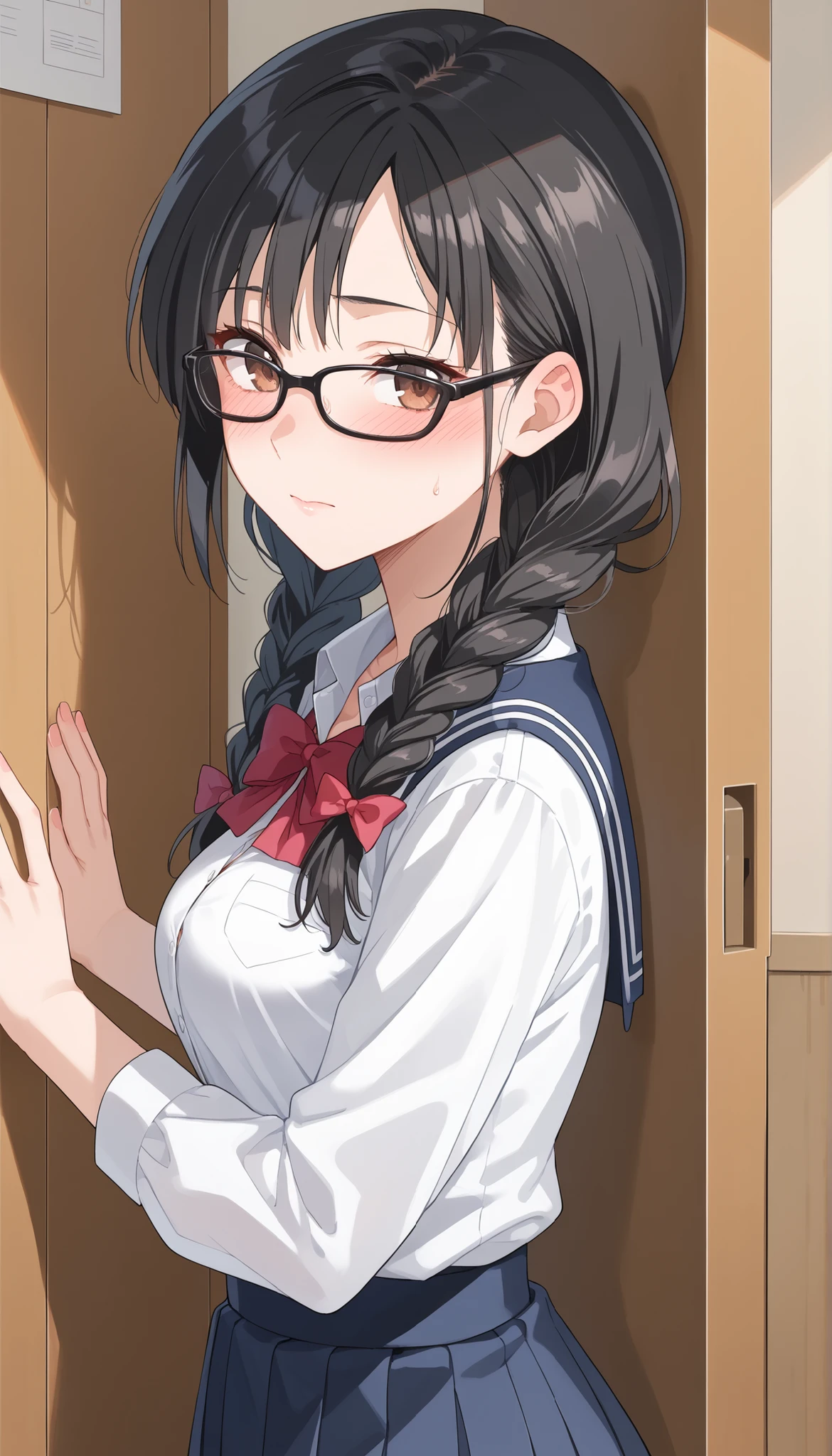 black hair,braids,black glasses,school uniform,changing room against the wall,medium breasts,((that doesn't look right)),are ashamed,blush,Ulchan-6500-v1.1, ( RAW photos :1.2), beautiful detailed, very detailedな目、beautiful eyes on my stomach,beautiful eyes,Brown Eyes , Large File Size, high resolution, very detailed, Highest Quality, [masterpiece:1.6], Awareness-raising, very detailed, CG, finely, Highest Quality, 8K wallpaper, perfect body shape、very detailed,smiles,Close-up