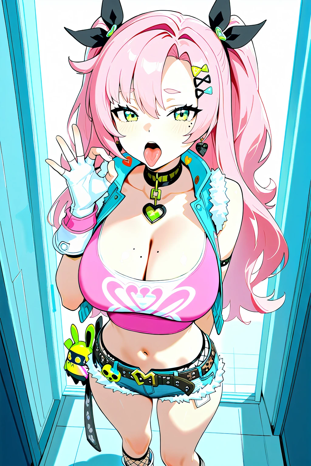 (light skin), (sweating:1.4),(beautiful scenery), (perfect face), (​masterpiece, top-quality, hight resolution,Unity 8k,extremely details CG:1,Best Picture), 1girl, solo, full body, anime young girl, a naked girl, bremerton \(Azur lane\), bremerton hairstyle, large breasts, nipple ring Pierce, nipple piercing, nipple fuck/fist, huge areolas, dark nipples, huge nipples, nurse cap, revealing clothes, shrug (clothing), short sleeves, layered bikini, choker, purple bikini, green bikini, green gloves, elbow gloves, pink belt, black skirt, microskirt, green thighhighs, garter straps and a huge ass, night club, blush, squat, spread your legs, crotch tattoo/tattoo below the navel, ahegao, rolling eyes, arms up, exhibitionism, wet skin, huge clitoris, uterine prolapse, Squirting pussy, panty to bite into vaginal, A large amount of feces is expelled from the swollen anus, Pubic hair growth, dildo in ass/large dildo, stomach deformation, stomach punching, noise removal, Very detailed face, emphasis on crotch, (an14, SimpleNegativeV3)