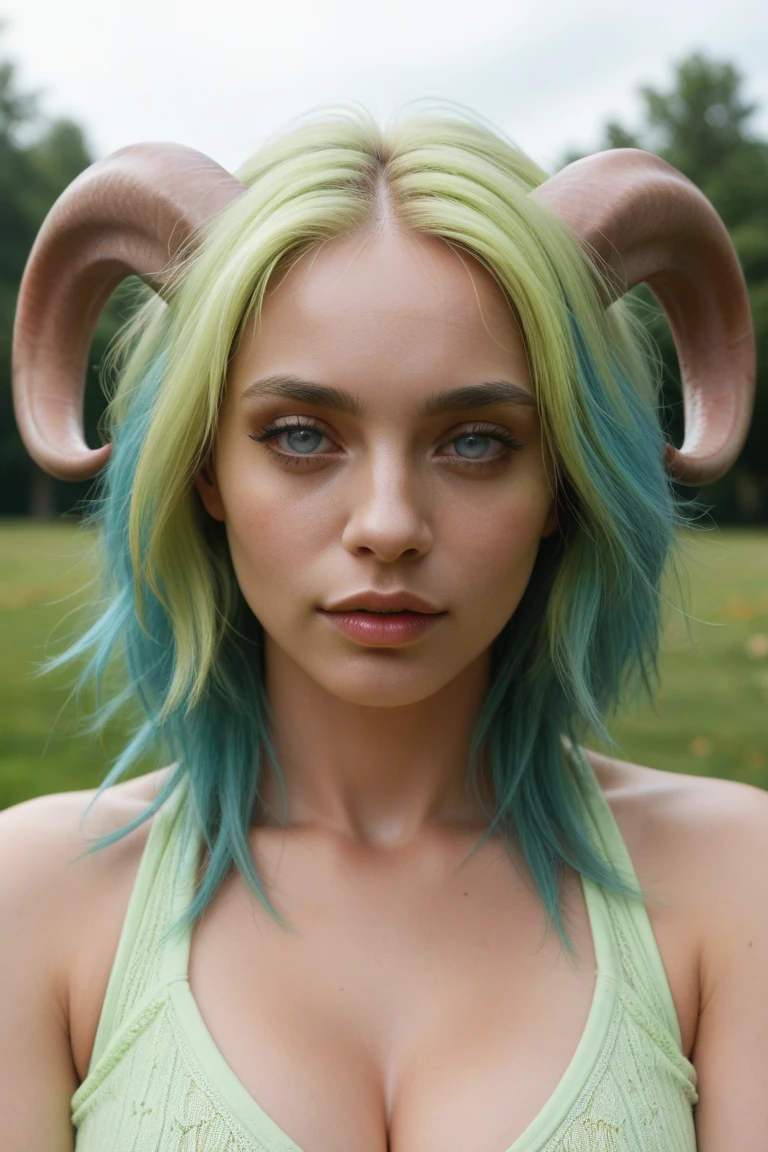 Best Quality, Masterpiece, 4k, absurd resolution, UHD, ultra detailed, detailed eyes, detailed skin, detailed hair, detailed face, (cara de evangeline lilly:Blake Lively), detailed fabric, (1 young beautiful girl, Alone:1.1), Yamato (One piece), (multicolor fur, wide, by white, aquamarine hair, two tone hair, High ponytail, hair stick, hair ornament), (big natural breasts:1.2), (side chest:1.2), (Shimenawa, Ropa japonesa con Shimenawa., rope, sleeveless kimono, bare arms, kimono, sleeveless, they, bare shoulders, also), (curly horns, red horns, multicolored horns), (happy smile:1.2), earrings, jewelry, (large eyes, Brown eyes), clavicle, cowboy shot, v shaped eyebrows, ((hourglass shape)), pose sexy, ((NSFW))