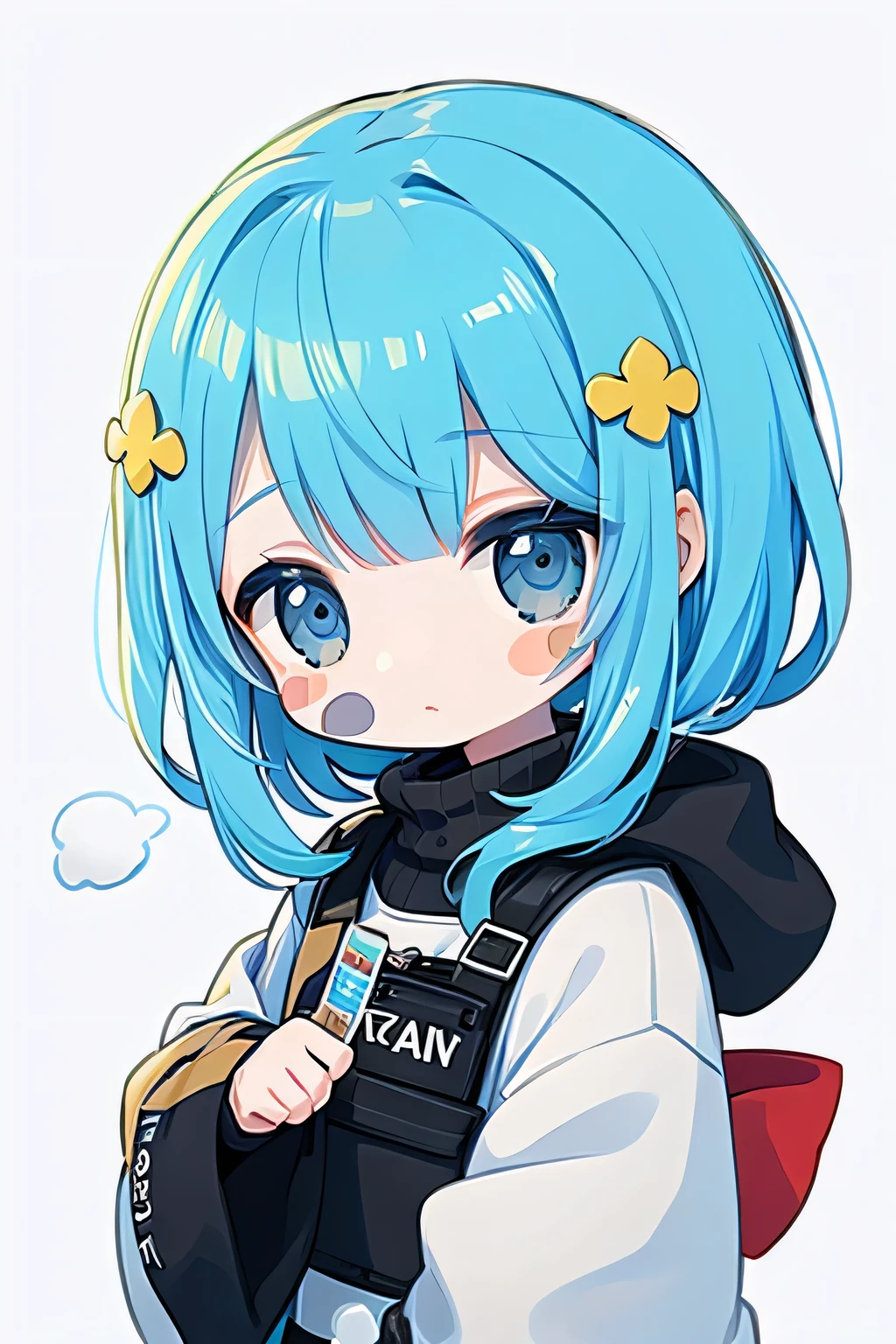 ( stickers ),#quality(8k,best quality, masterpiece),solo, #girl(cute, cute,small ,smile,Floating Hair,The hair color is space,twin tails,zombie skin , ghost skin ,Skin Color Blue ,pale skin,Eye color cosmic ,eyes are shining,big eyes,I'm in y,heavy metal costume, green,isolated on pink background,full body),#background(Monotony,pink,no background,isolated on pink background)