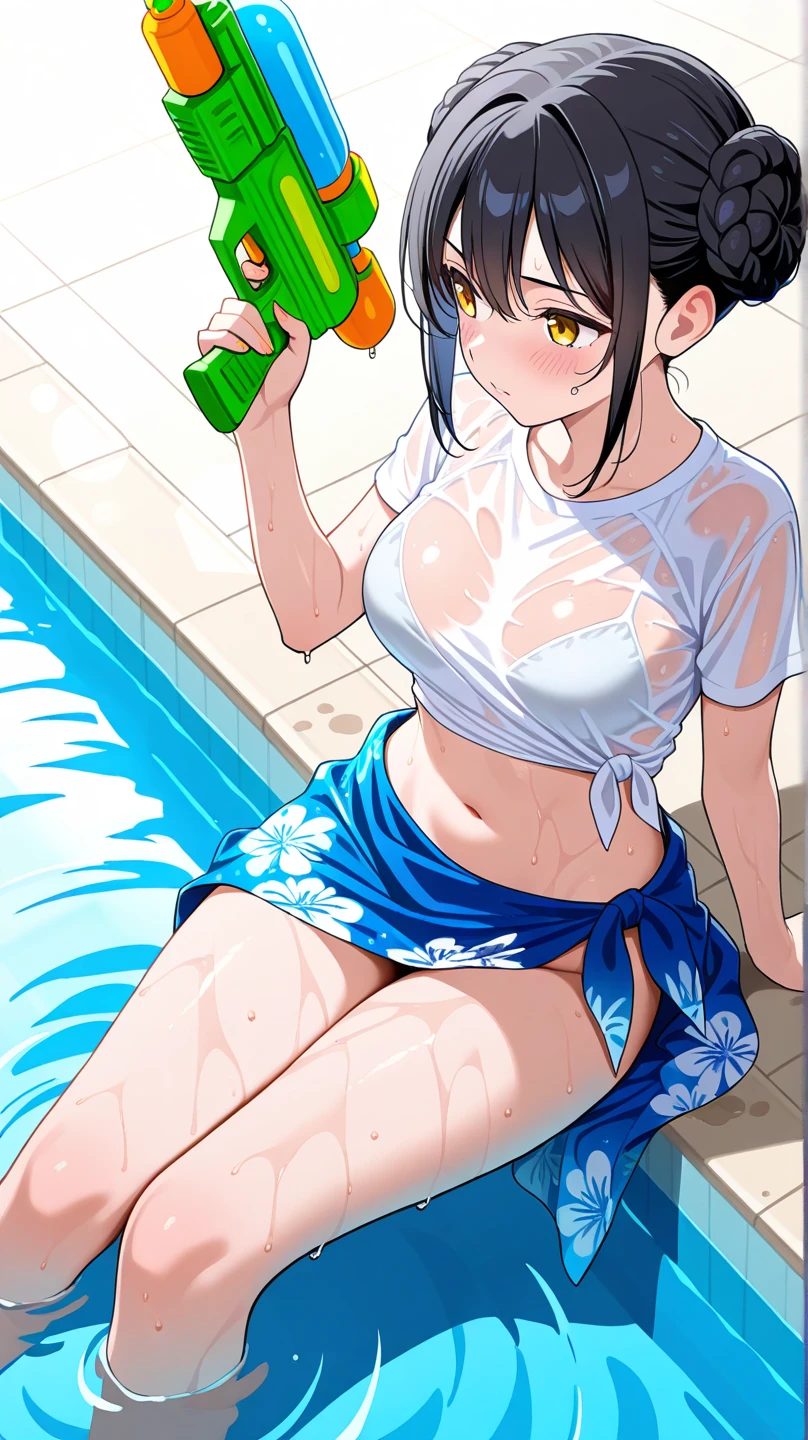 (Masterpiece),(top-quality)(high-detail),(soio), Dynamic composition,Distance View,the setting sun,White dress swimsuit,(Jumping,:1.3),(The long-haired),(Yellow headband:1.3),((flat udder:1.3)),((skinny thigh)),Mature body,High school students,Black hair, Nice big blue eyes, (High detail eyes),sleepy expression, deadpan,Blushing with embarrassment, Large pond in western style garden, The sheen, Bathing in a pond, Soft skin, High school students,Western-style garden,The fountain,Water channels, ,Abundance of plants,Beautiful flowers々,An object like a ruin,perspective,look up to, ( Colorful splashes) ,colorful bubble, Floating Droplets,Perspective, Overhead configuration, f lare, Fine Features, Perfect Anatomy Tommy, Centered, Perfect distance, Highly detailed, with an intricate, acurate, Highly detailed rich colors, taming, Rich colors, Rich colors, elaborate details, golden ratio illustrations