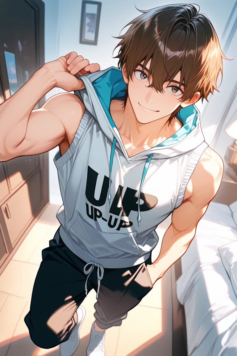 Anime-style illustrationale、whole body、Handsome、cute、cool、A tall young man in his mid-20s、Has bunny ears and a bunny tail、Pectoral muscle、Abdominal muscles、A firm and supple body。After finishing my training at the gym, I changed into my loungewear in the bathroom, tucked up my jacket, and prepared my smartphone.、Taking a selfie。The background is a line drawing of a gym locker room、Pop and bright atmosphere